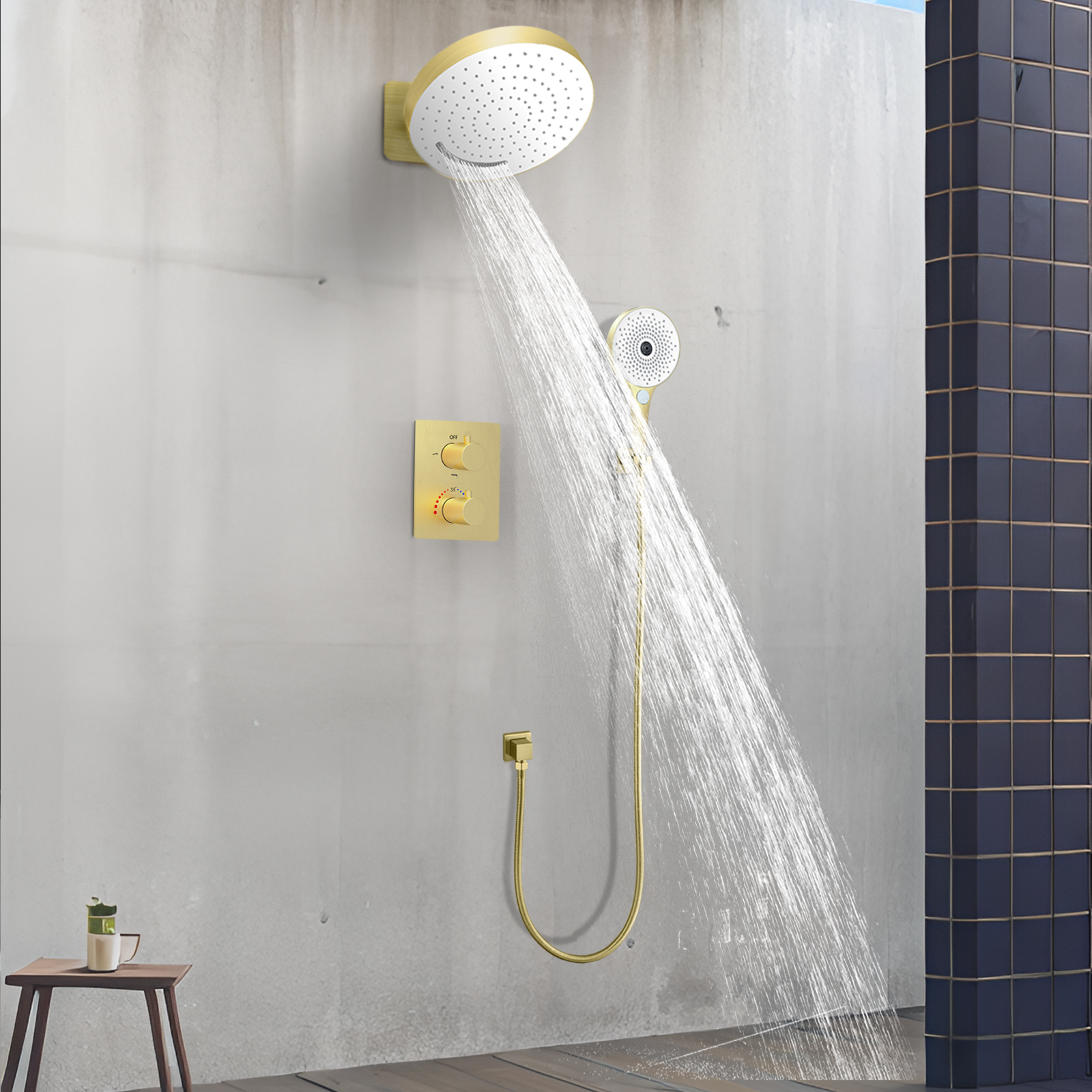 Cabeça de chuveiro circular de 12 polegadas, 3 funções, temperatura constante, tração de seda, sistema de chuveiro de chuva, multifuncional, portátil