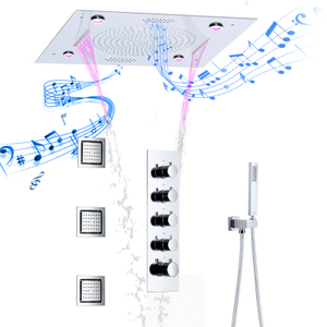 Conjunto de chuveiro cromado com sistema de torneira e termostato de música LED Conjunto de chuveiro de parede de latão