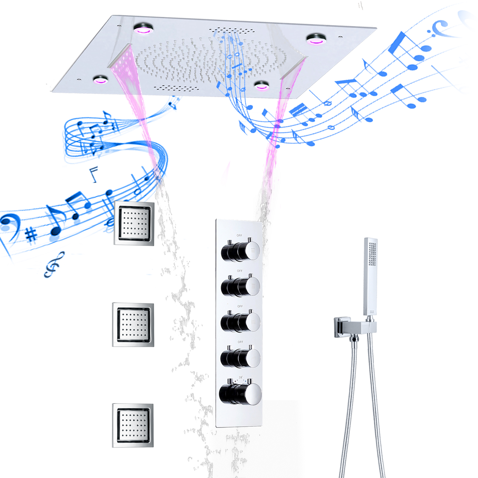 Conjunto de chuveiro cromado com sistema de torneira e termostato de música LED Conjunto de chuveiro de parede de latão