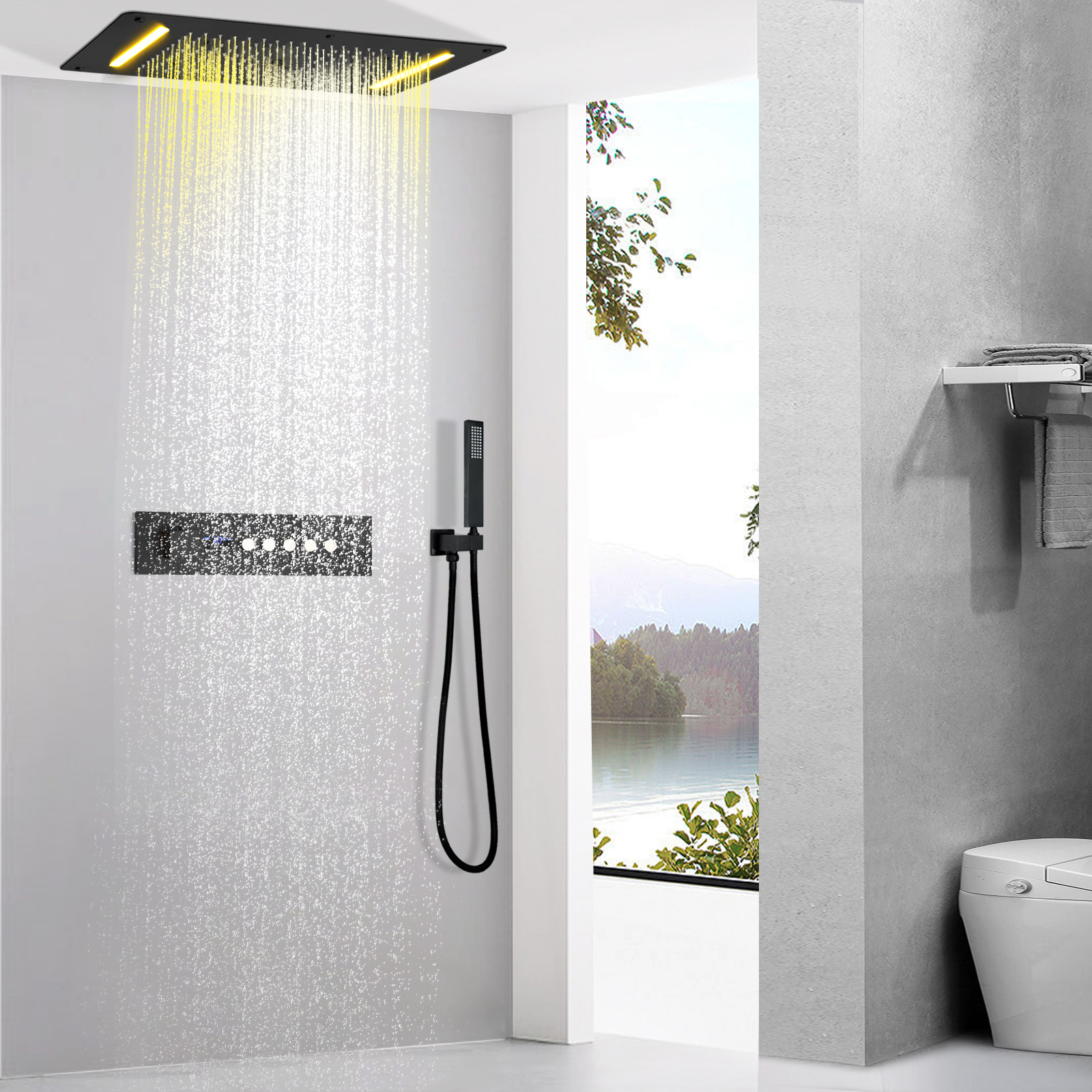 Sistema de chuveiro cascata escuro fosco, sistema de chuveiro com display digital de led, válvula termostática, chuveiro de spa, conjunto de torneira