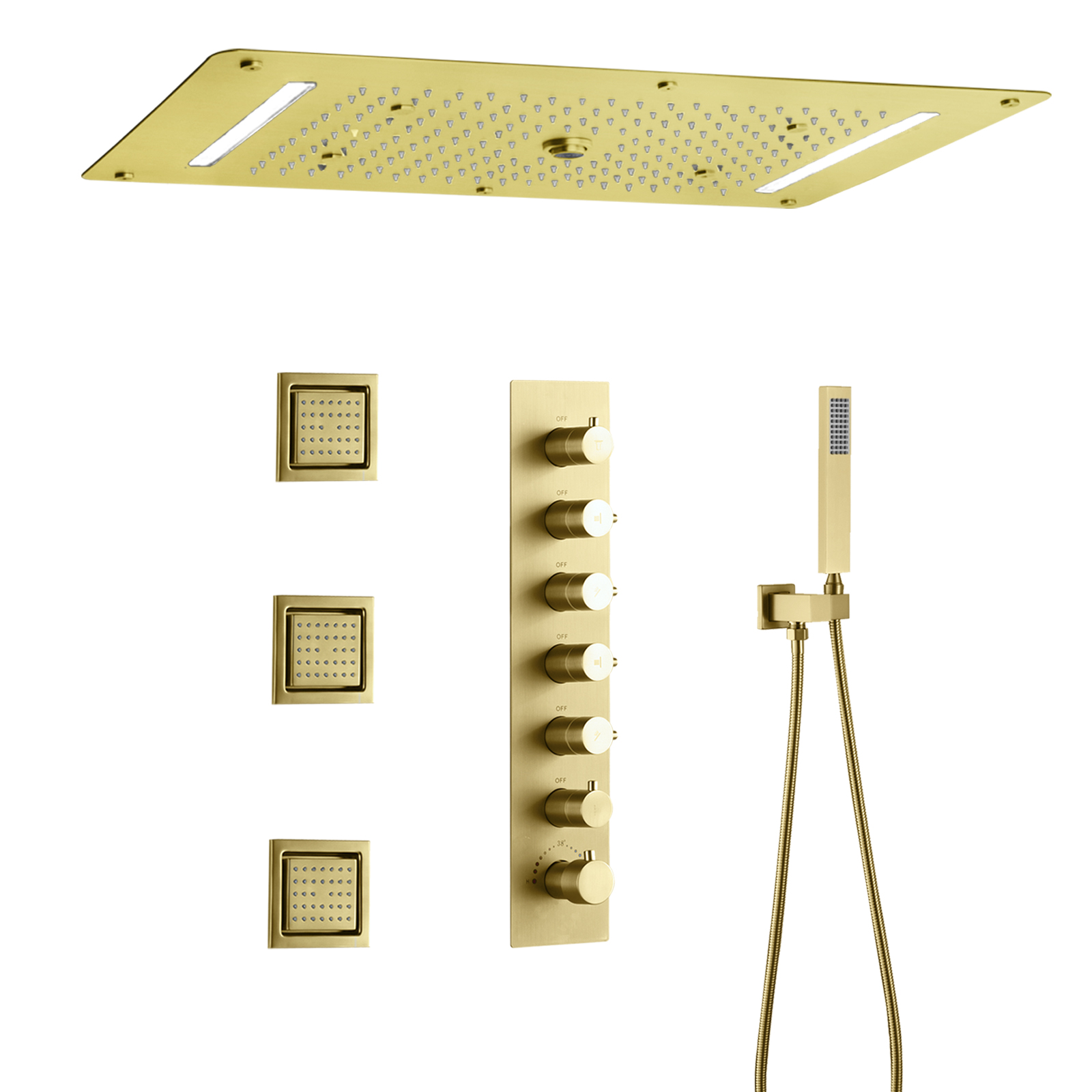 Luxo escovado ouro banheiro escondido sistema de chuveiro led cachoeira chuva torneira do chuveiro spray coluna massagem conjunto