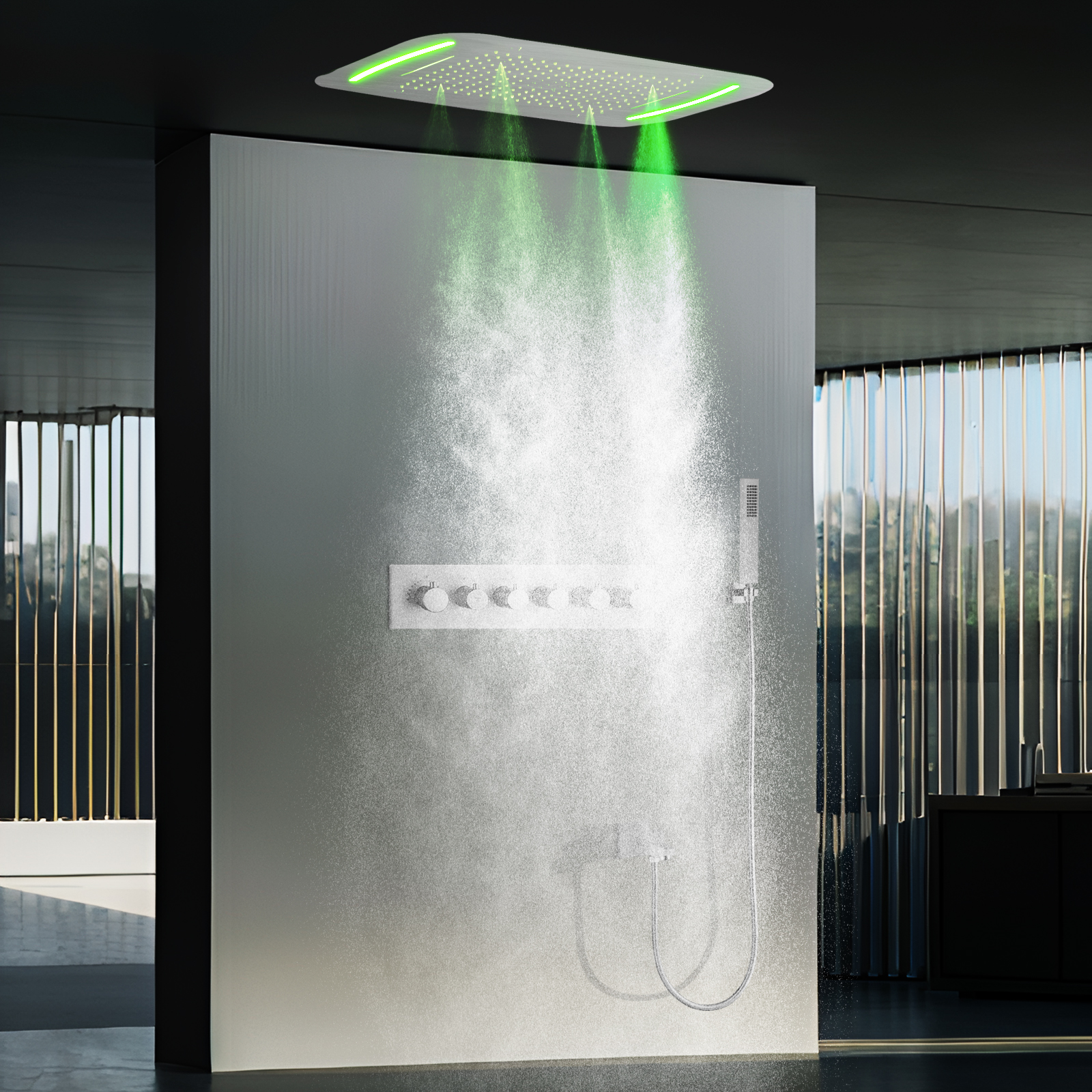 Níquel escovado 71x43cm LED Chuveiro de temperatura constante Cabeça de dragão Kit de sistema de chuveiro de pilar de chuva de teto
