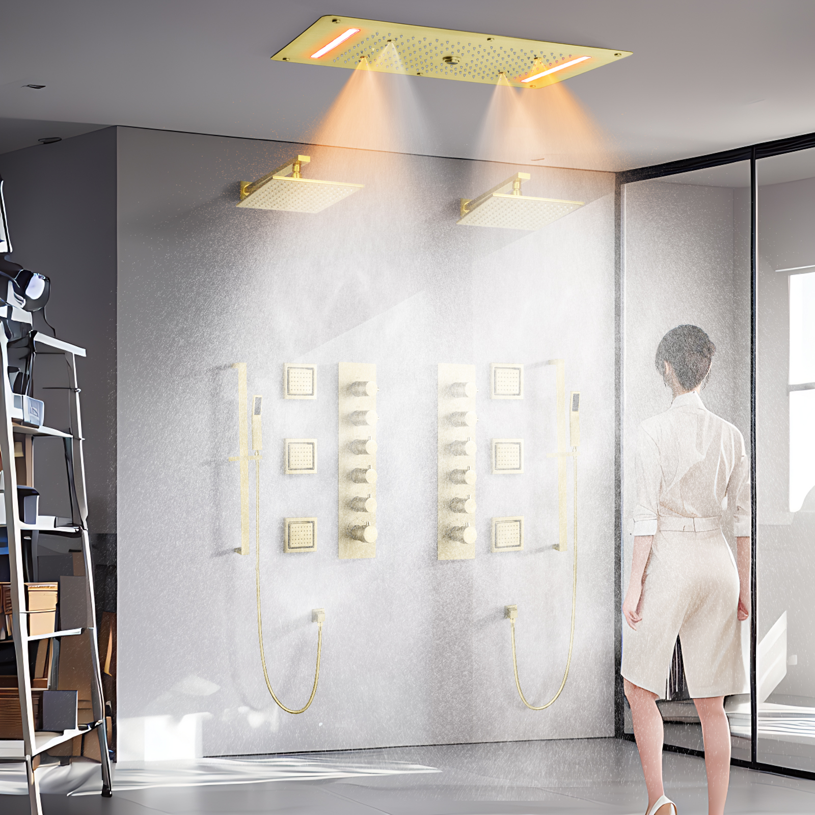 Ultra-grande fluxo LED moderno banheiro teto chuvas sistema de chuveiro cascata torneira de chuveiro de latão