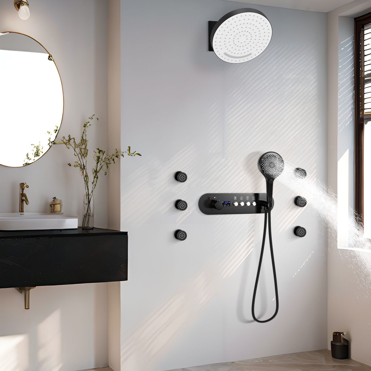 Banheiro de parede com descarga preta suíte número de temperatura constante torneira de água explícita do chuveiro