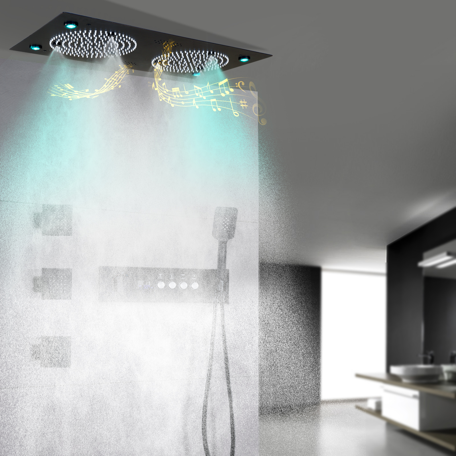Sistema de chuveiro led preto fosco 620*320mm, cabeça de chuveiro com alto-falante musical, termostática, conjunto de torneira de chuveiro de banheiro