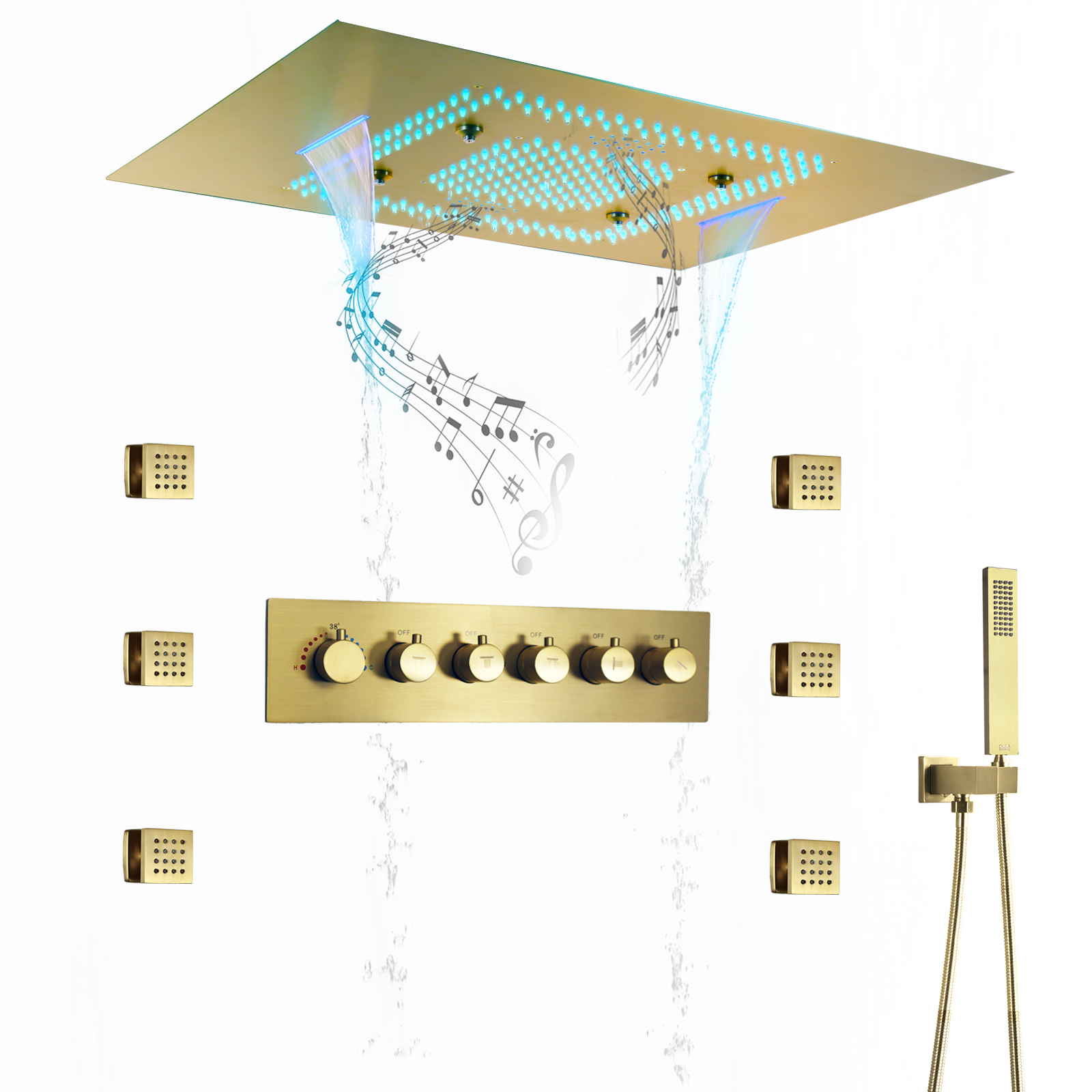 Sistema de chuveiro de banheiro de luxo 24*32 Polegada cabeça de chuveiro led com alto-falante música névoa chuva e cachoeira conjunto de chuveiro termostático