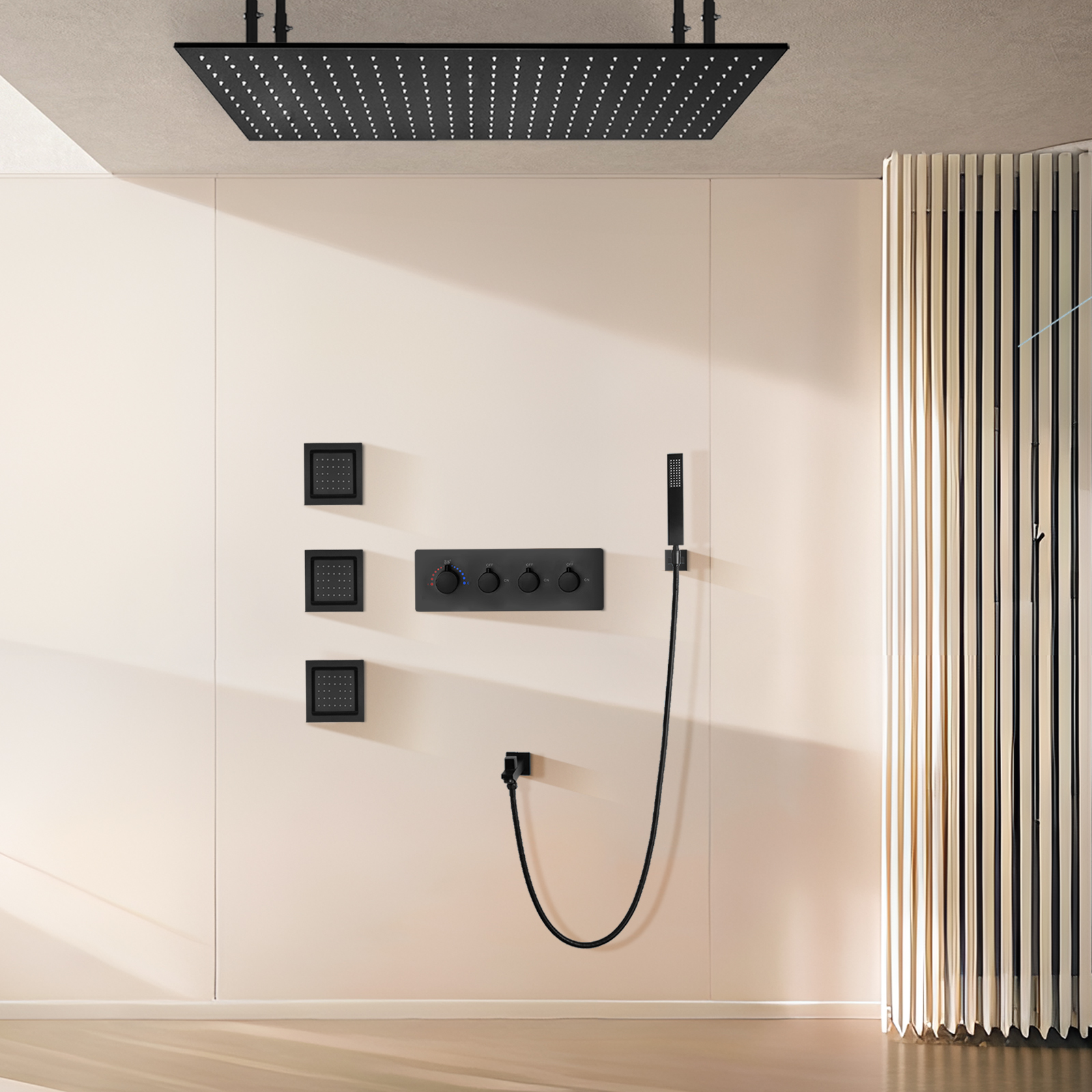Montado na parede de latão preto fosco 100x50cm sistema de cabeça de chuveiro de chuva de quatro funções kit de chuveiro de LED para banheiro