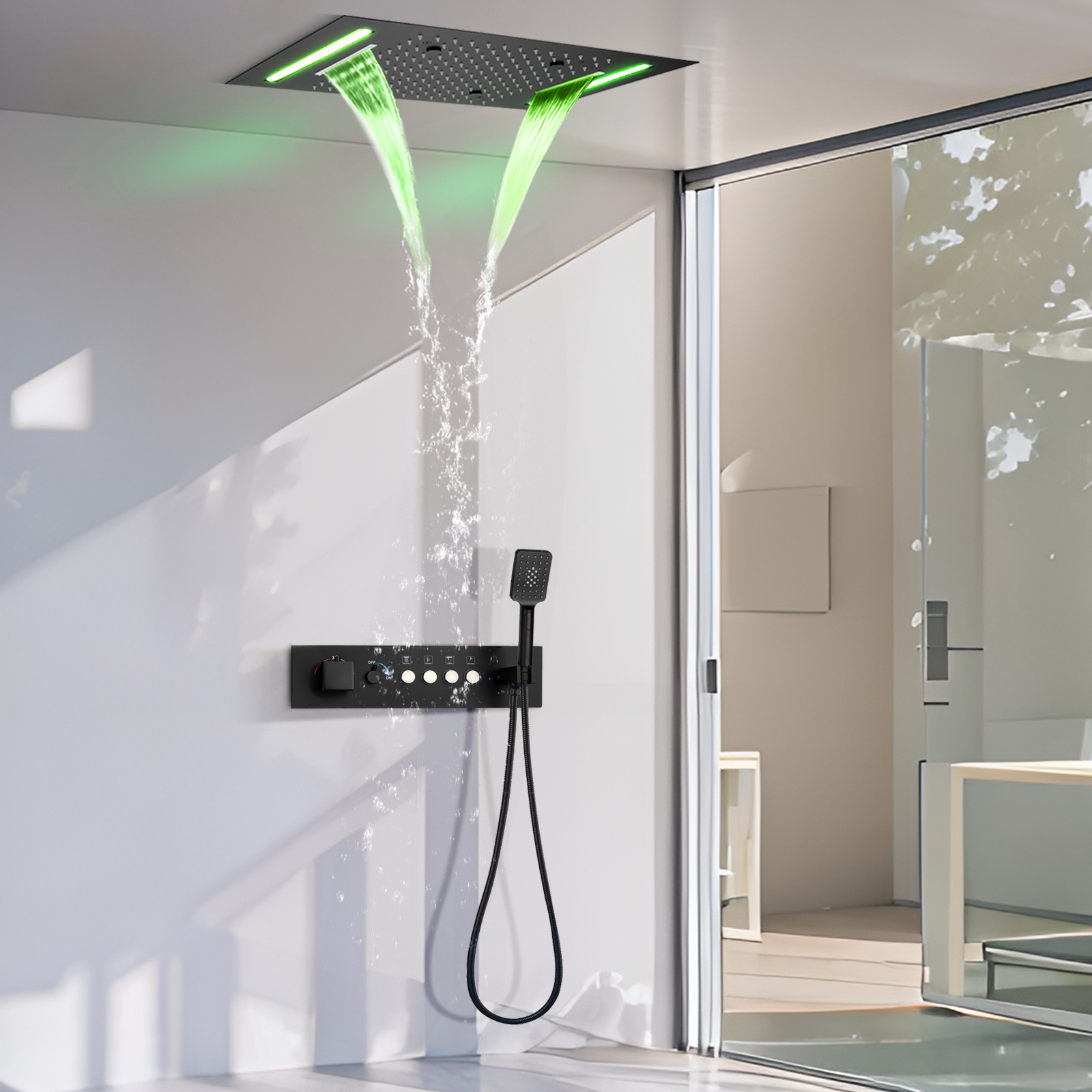 Conjunto de chuveiro montado na parede, 50x36cm, preto fosco, botão de temperatura constante com alavanca de controle de fluxo, sistema de chuveiro, banheira, chuva