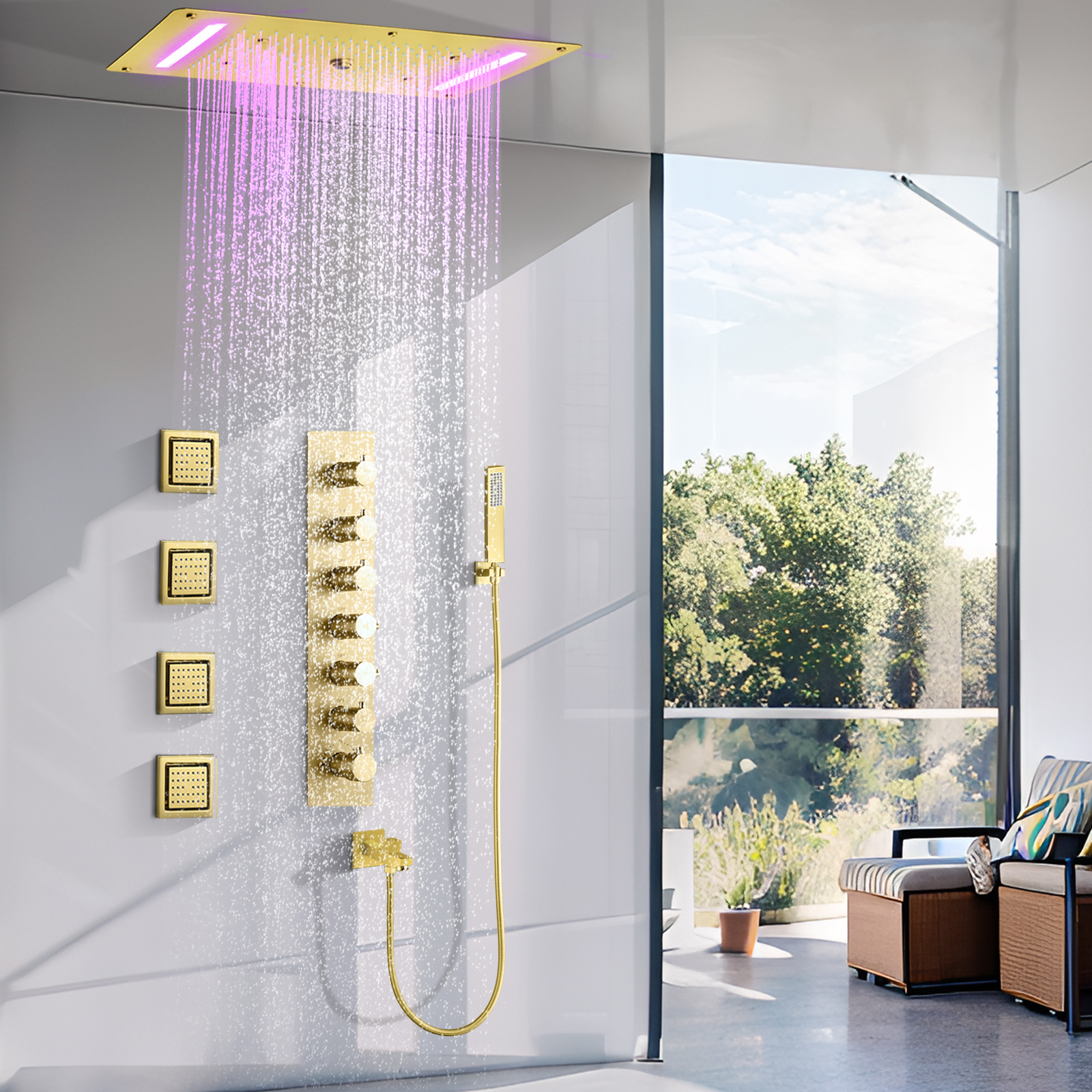 Suíte de chuveiro de ouro escovado, 70x38cm, liquidificador suspenso, led, chuveiro, banheiro, sistema de massagem, torneira de água