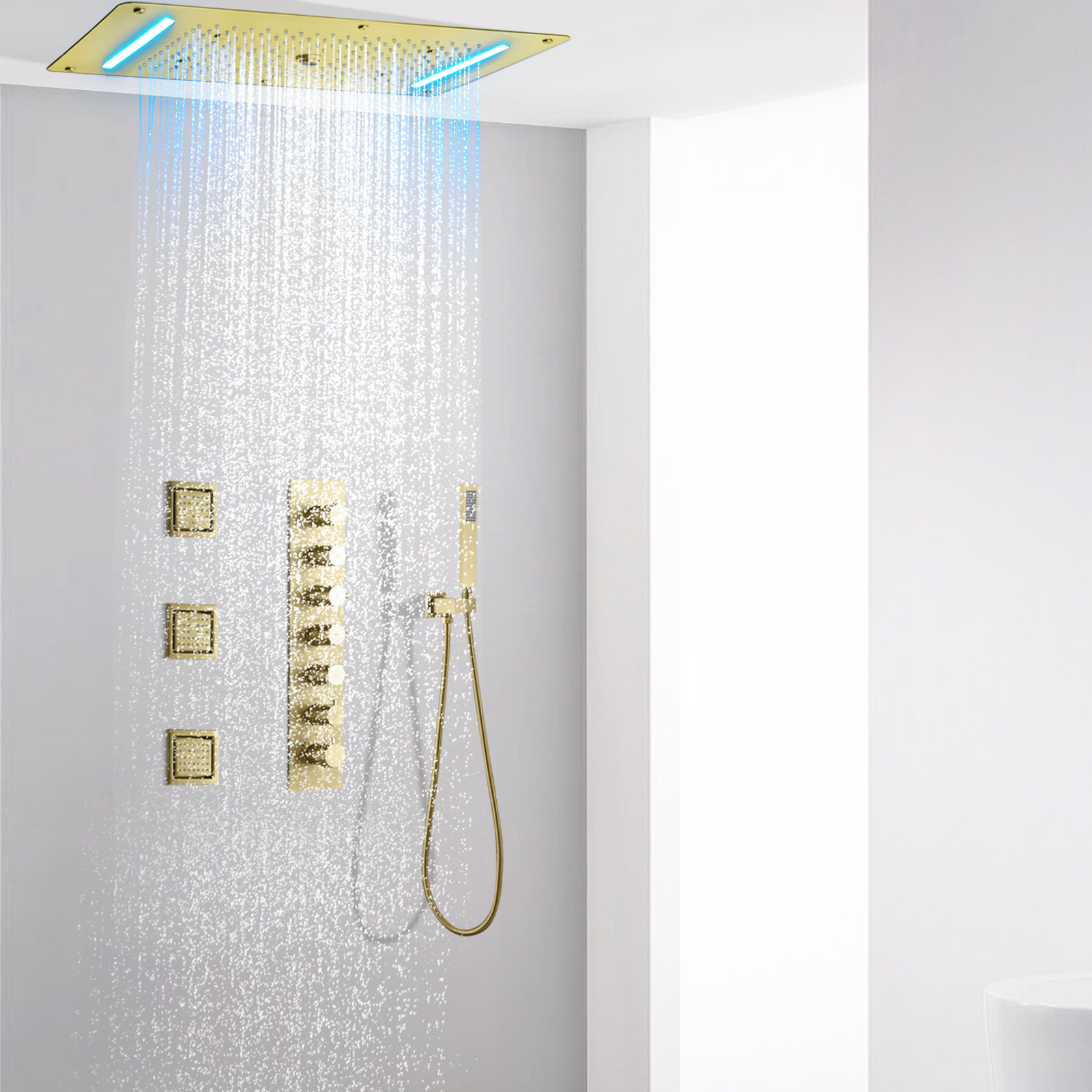 Luxo escovado ouro banheiro escondido sistema de chuveiro led cachoeira chuva torneira do chuveiro spray coluna massagem conjunto