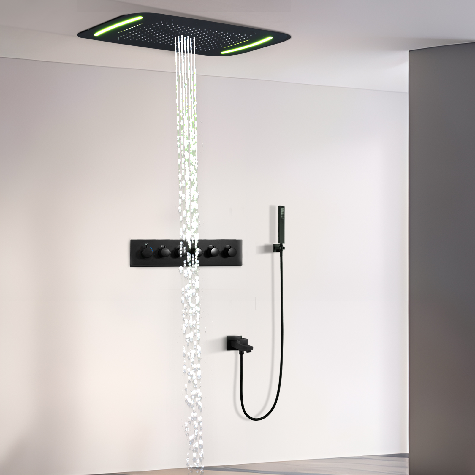 Conjunto de sistema de chuveiro LED preto de 71x43cm com teto grande massagem temperatura constante cachoeira cabeça de chuveiro de água de chuva torneira misturadora
