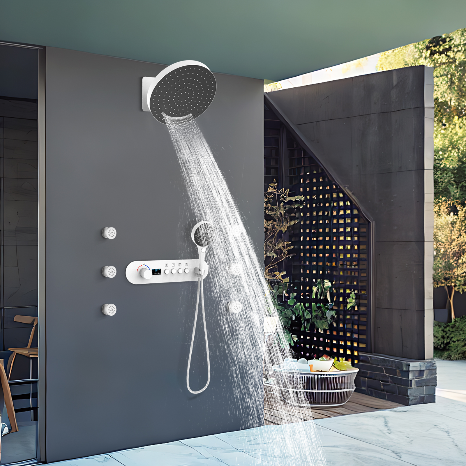 Sistema de chuveiro de placa moderno kit de chuveiro de descarga branco spray lateral cabeça de chuveiro de bronze
