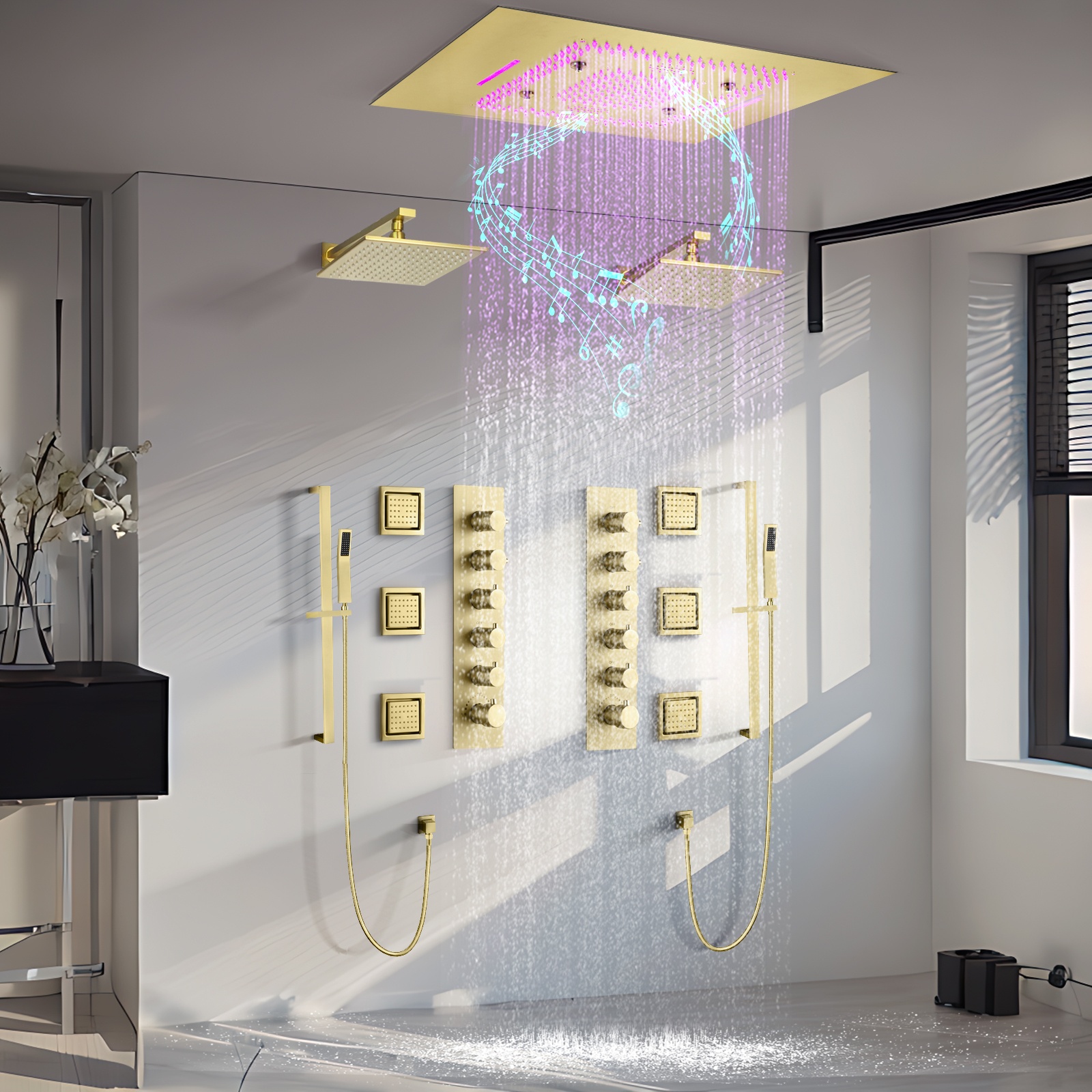 Conjunto de chuveiro multifuncional dourado com painel de chuveiro musical LED de temperatura constante por atacado