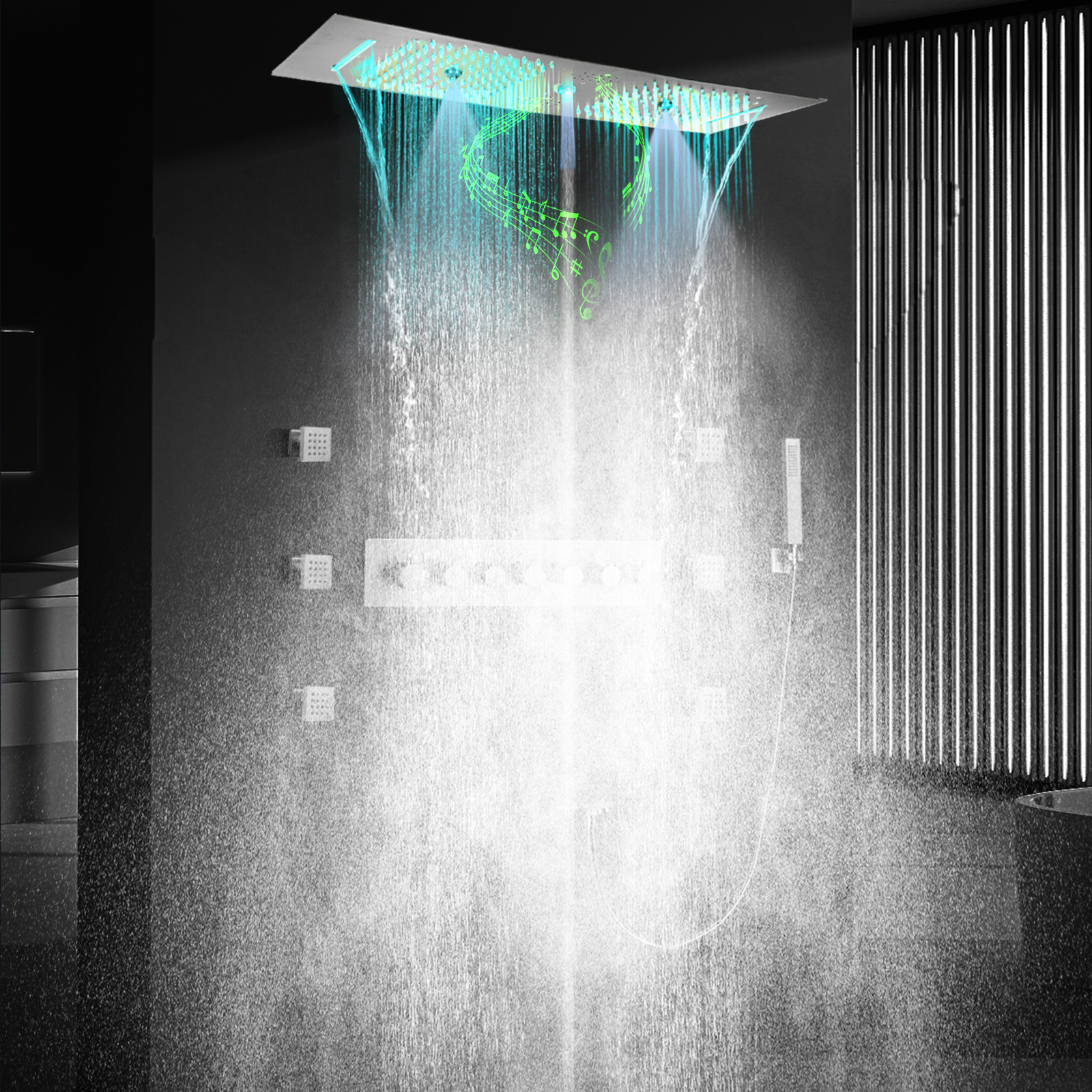 Conjunto de chuveiro LED de chuva estilo contemporâneo em mosaico escovado com cabeça de chuveiro musical