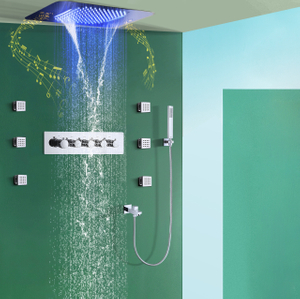 Cabeça de chuveiro com música LED embutida no teto, 580 * 380 mm, chuva e cachoeira, água fria e quente, corpo principal, conjunto de torneira do chuveiro