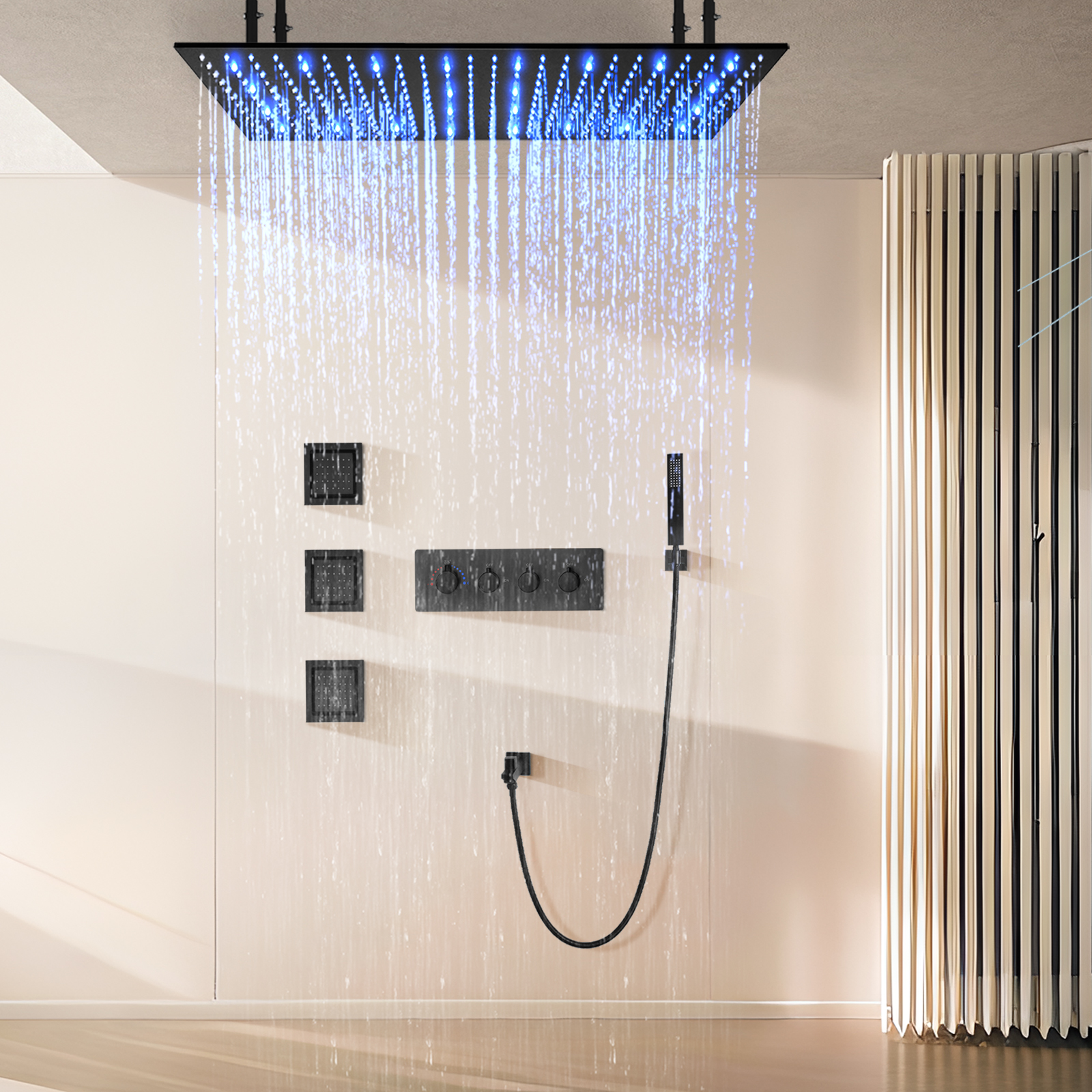 Montado na parede de latão preto fosco 100x50cm sistema de cabeça de chuveiro de chuva de quatro funções kit de chuveiro de LED para banheiro