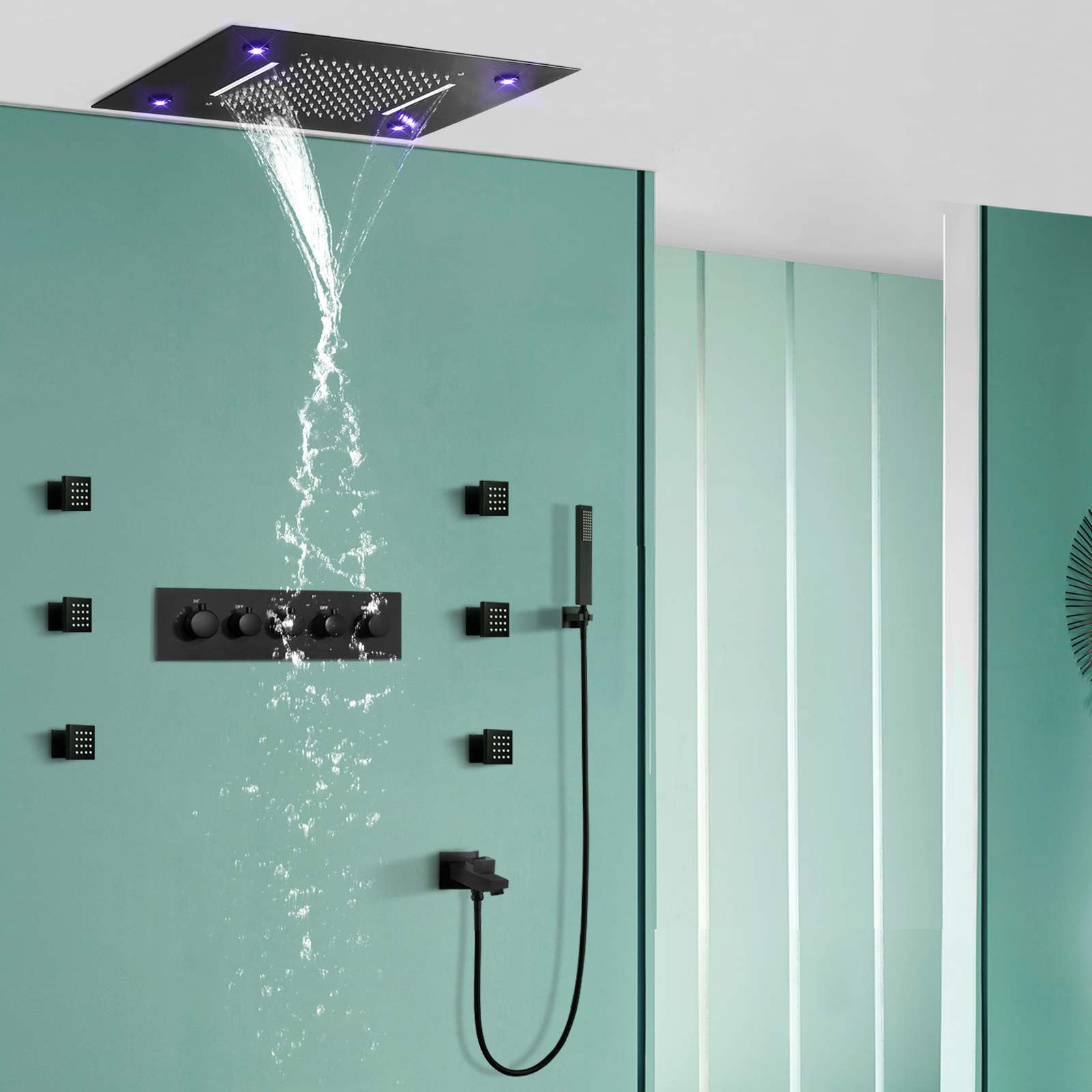 Preto fosco LED Banheira Sistema de chuveiro Banheiro Cabeça de chuveiro de chuva com conjunto combinado portátil