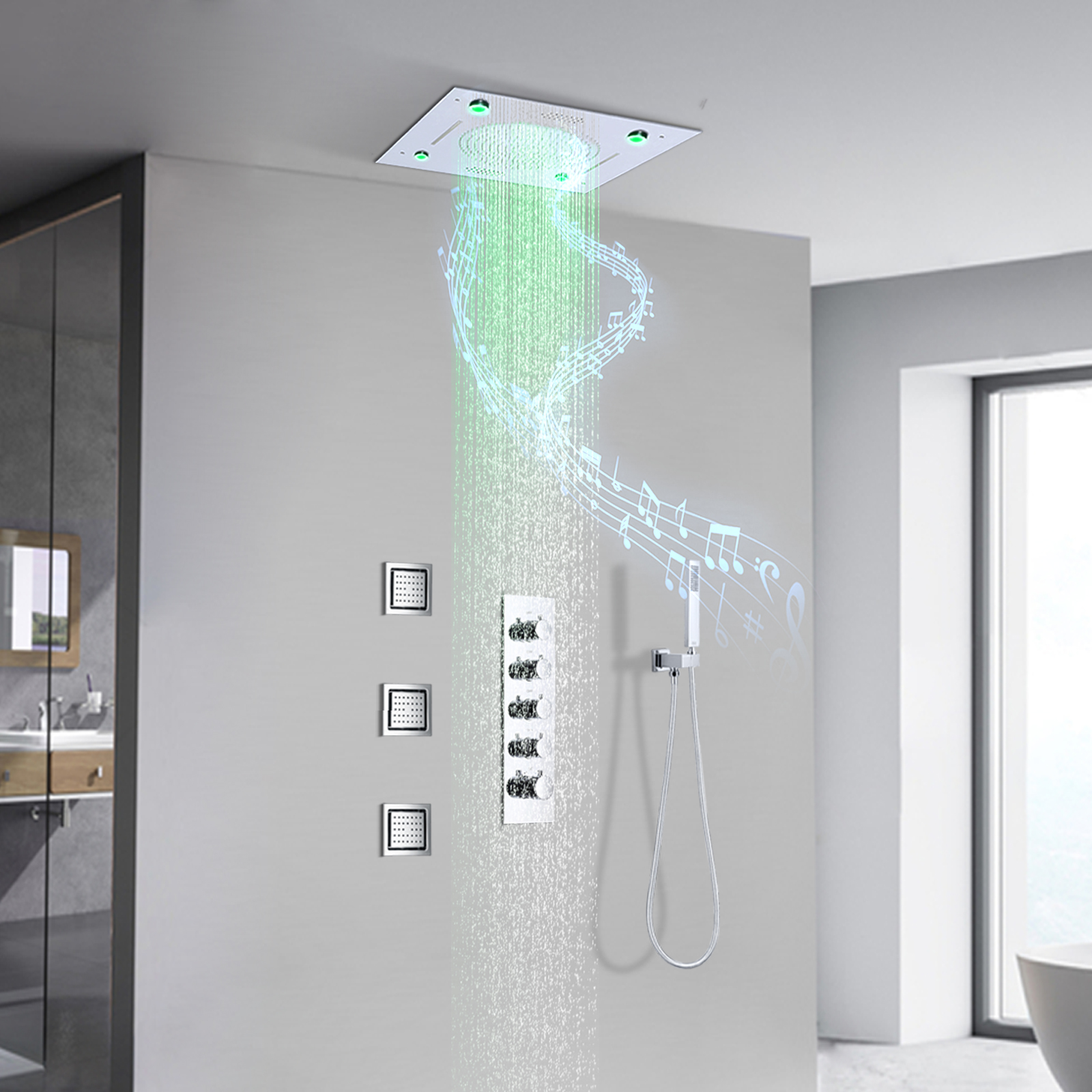 Conjunto de chuveiro cromado com sistema de torneira e termostato de música LED Conjunto de chuveiro de parede de latão