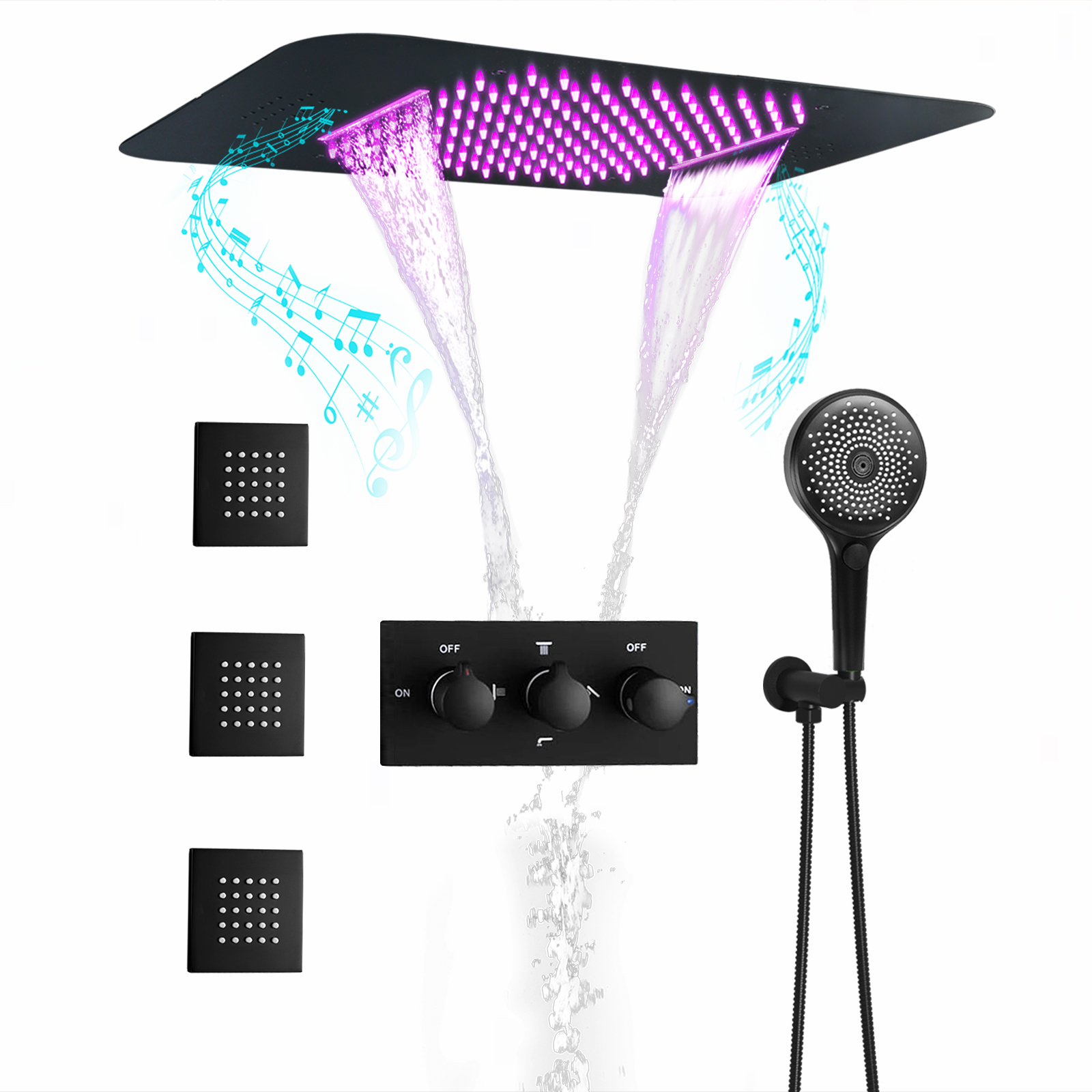 Ducky preto escuro banheiro led música chuva sistema cascata de água temperatura constante misturado chuveiro sistema torneira água jet kit
