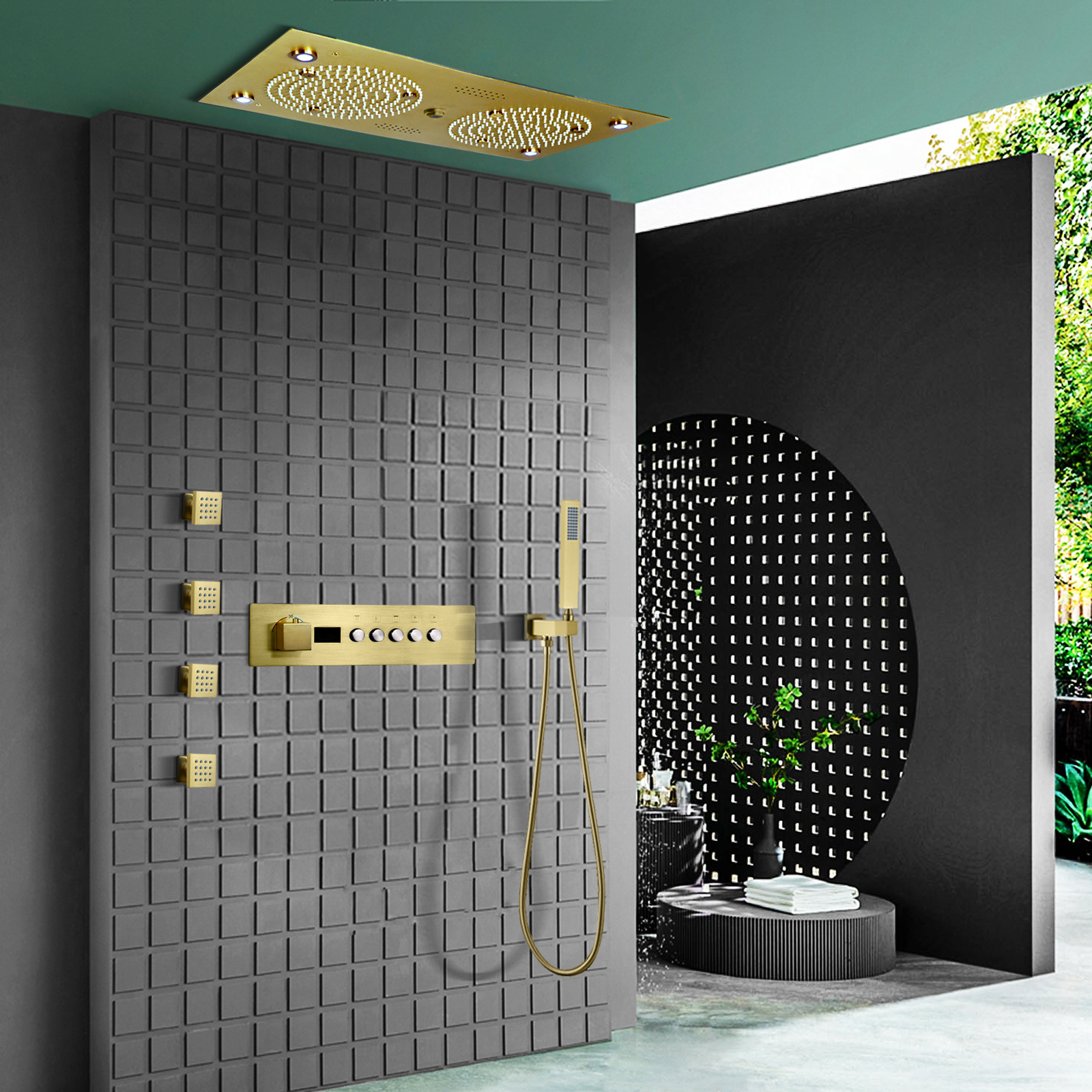 24.5x12.5 Polegada ouro escovado led música sistema de chuveiro conjunto banheiro chuveiro altura temperatura água dragão massagem cabeça injeção