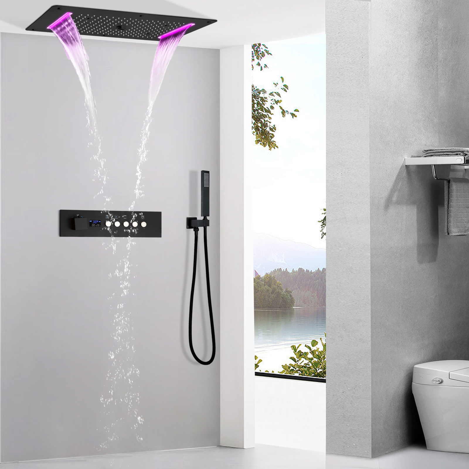 Sistema de chuveiro cascata escuro fosco, sistema de chuveiro com display digital de led, válvula termostática, chuveiro de spa, conjunto de torneira