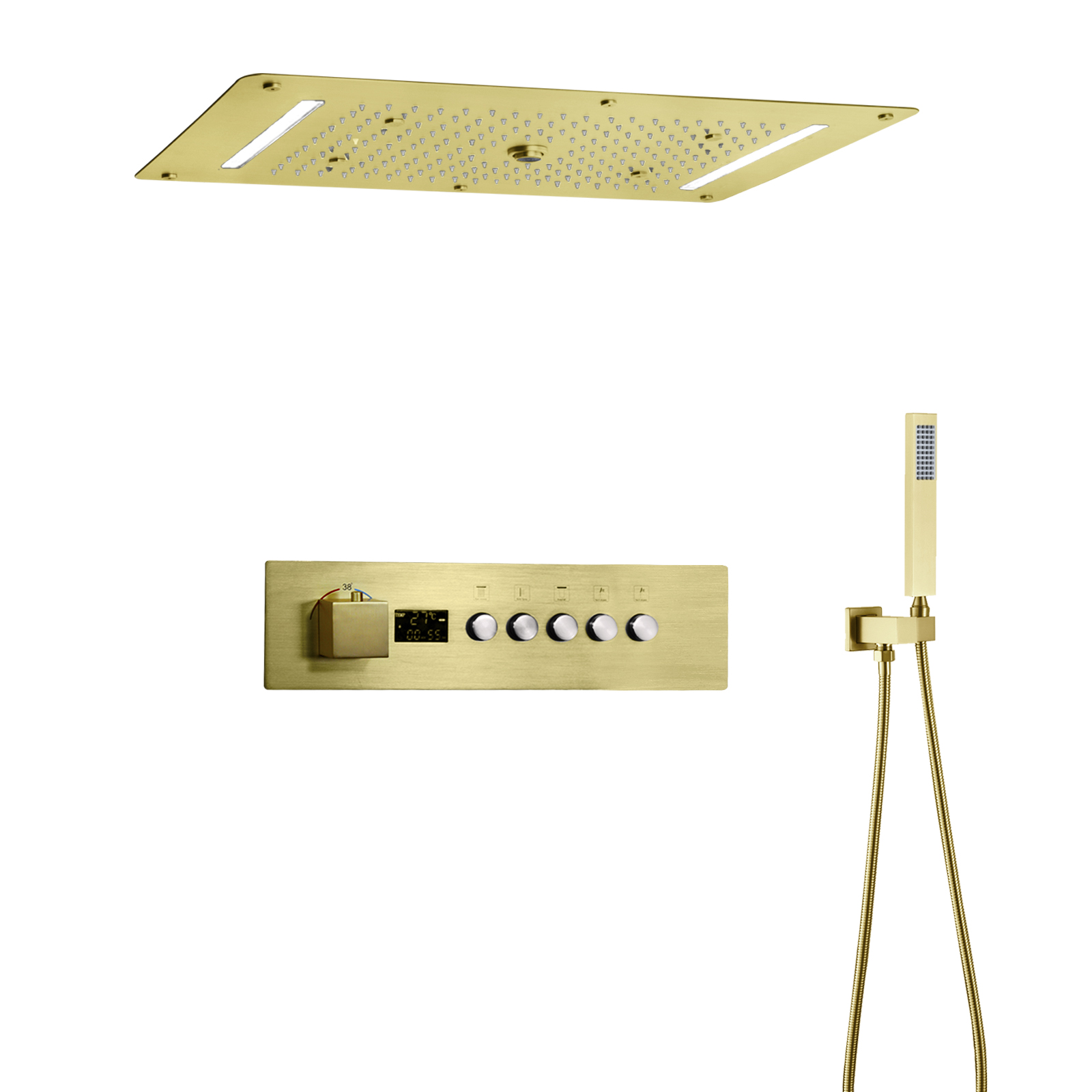 Sistema de chuveiro termostático oculto com LED, conjunto de torneira de chuveiro de ouro escovado para banheiro, chuva, cachoeira e névoa