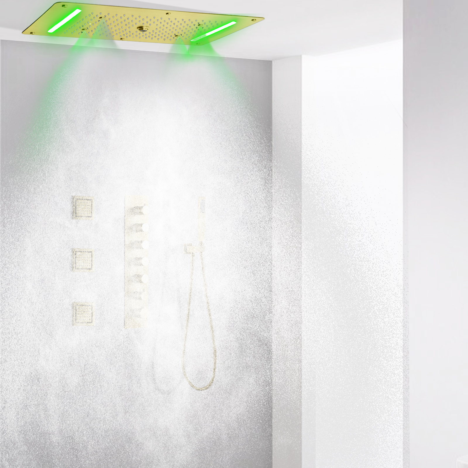 Luxo escovado ouro banheiro escondido sistema de chuveiro led cachoeira chuva torneira do chuveiro spray coluna massagem conjunto