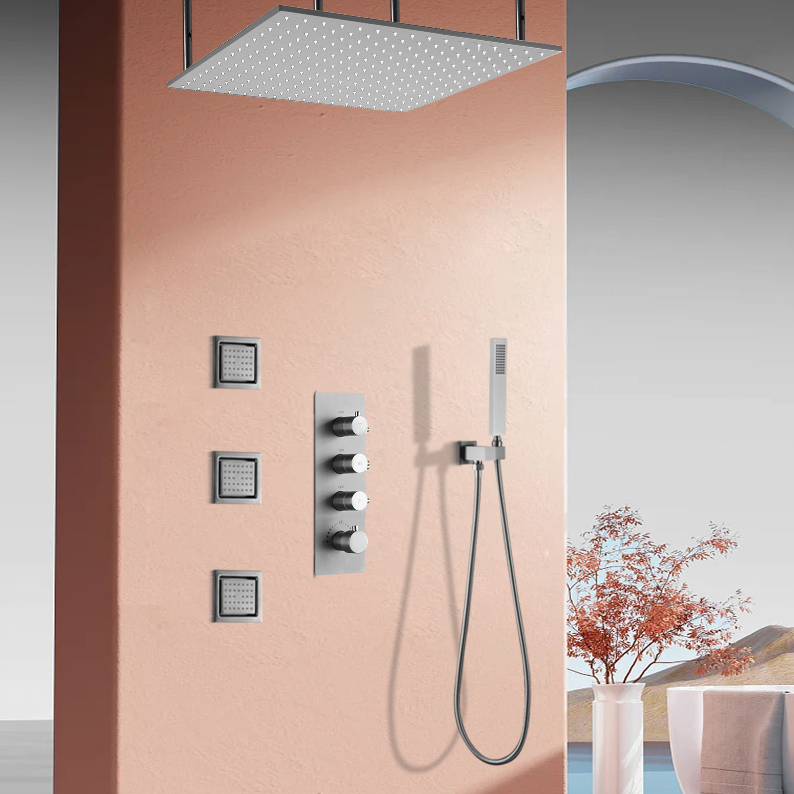 Torneira de chuveiro de chuva escovada, 50x50cm, preto, dourado, montado na parede, conjunto de chuveiro de três funções com spray lateral, cabeça de chuveiro de massagem