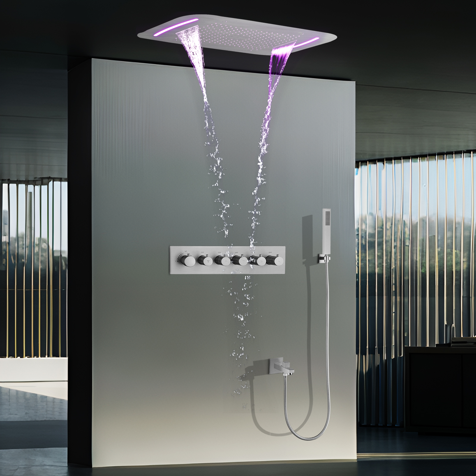 Níquel escovado 71x43cm LED Chuveiro de temperatura constante Cabeça de dragão Kit de sistema de chuveiro de pilar de chuva de teto