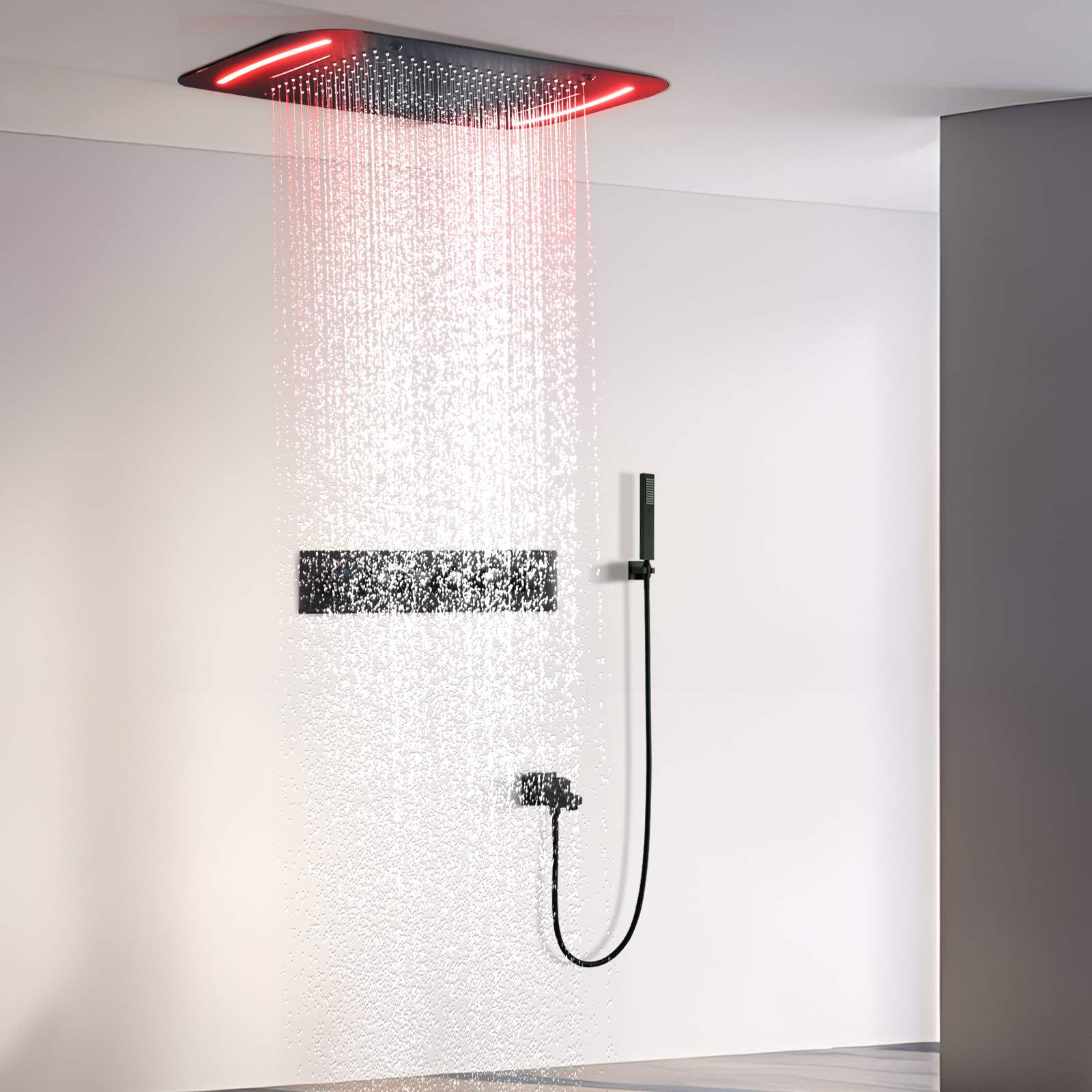 Conjunto de sistema de chuveiro LED preto de 71x43cm com teto grande massagem temperatura constante cachoeira cabeça de chuveiro de água de chuva torneira misturadora