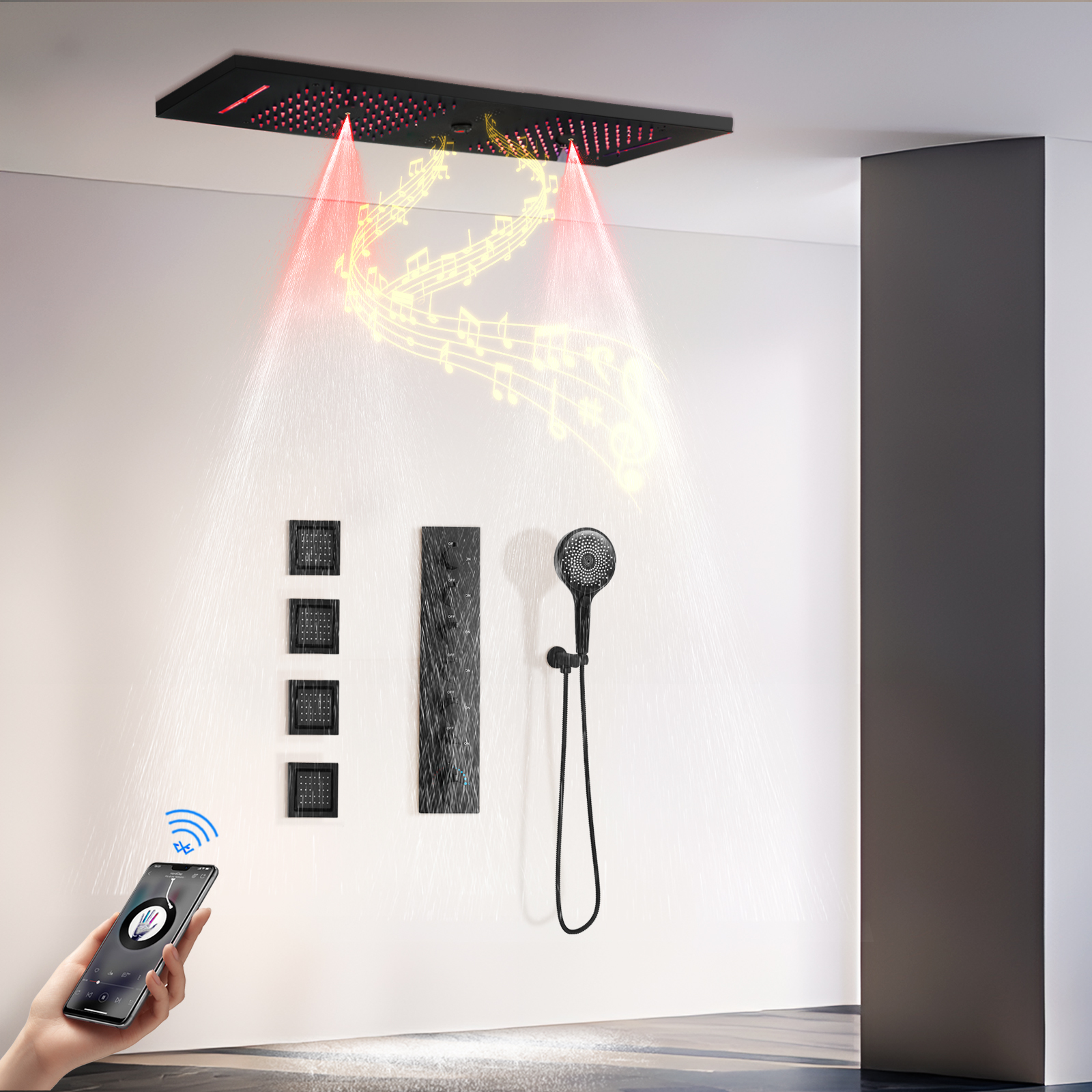 900 × 300mm Preto Fosco LED Chuveiro 6 Sistema de Chuveiro de Música Funcional Chuveiro de Chuva Torneira de Água Temperatura Constante