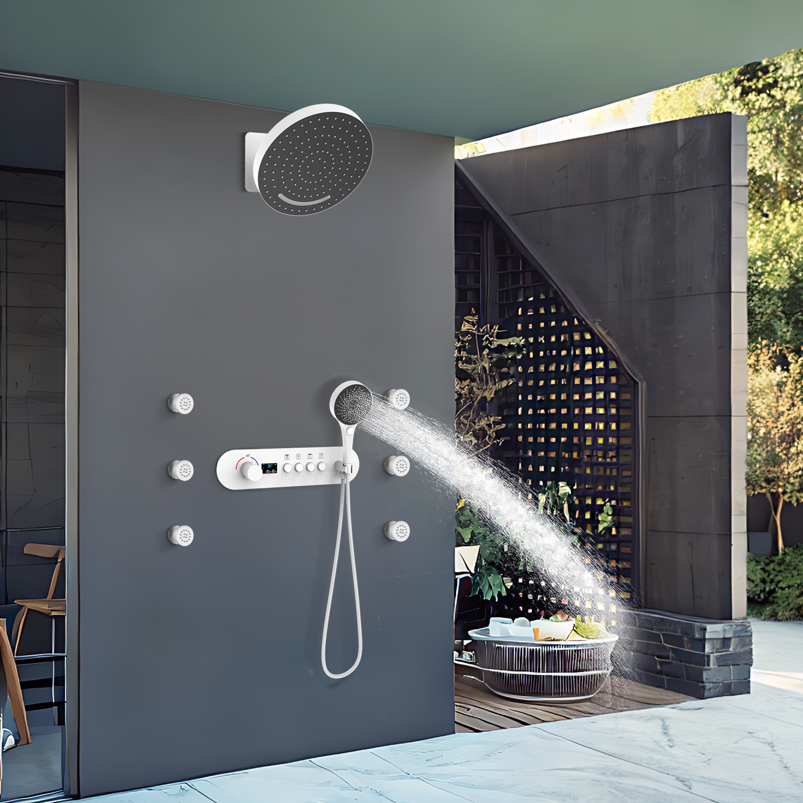 Sistema de chuveiro de placa moderno kit de chuveiro de descarga branco spray lateral cabeça de chuveiro de bronze
