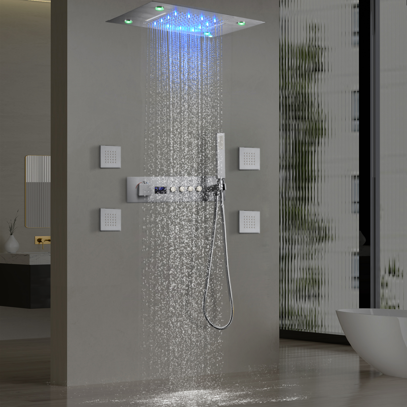 Cinza Cinza Estilo Moderno 4+1 Banheiro Hennight Sistema de Chuveiro Cachoeira Chuva
