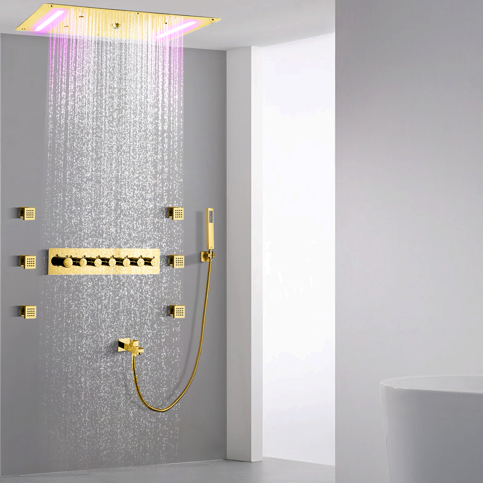 70X38 Cm Titanium Gold LED Conjunto de chuveiro termostático Misturador Massagem Cachoeira de chuva com portátil