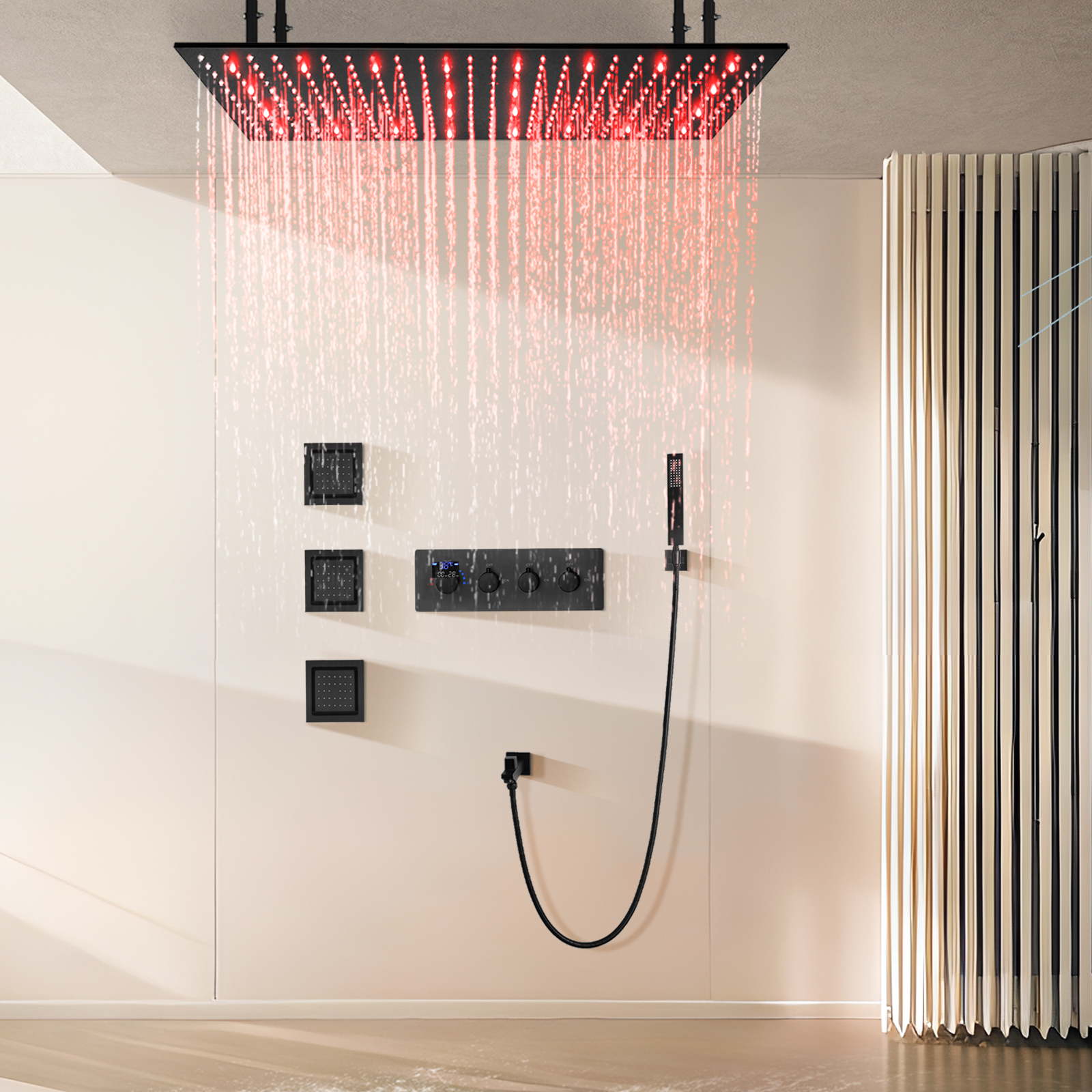 Montado na parede de latão preto fosco 100x50cm sistema de cabeça de chuveiro de chuva de quatro funções kit de chuveiro de LED para banheiro