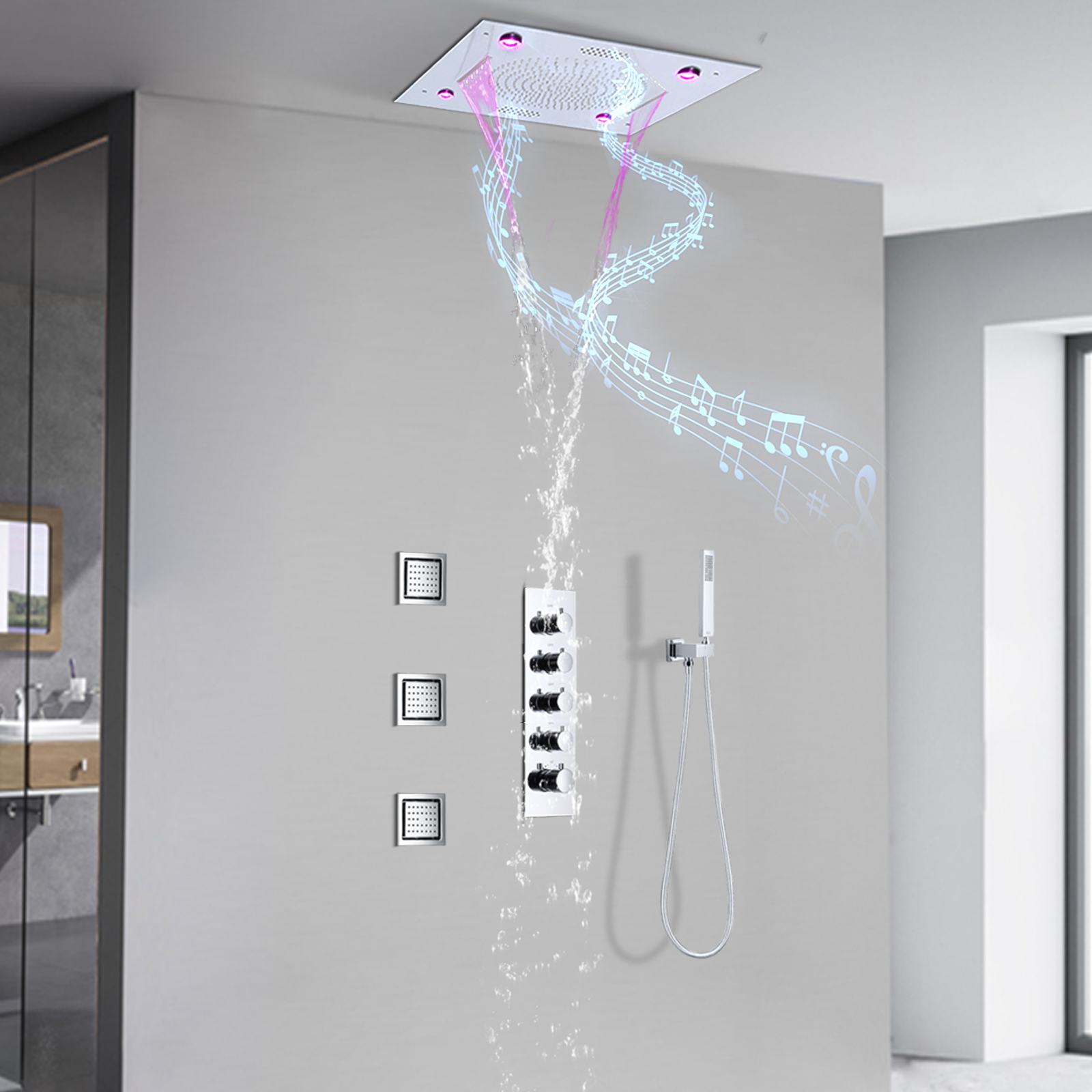 Conjunto de chuveiro cromado com sistema de torneira e termostato de música LED Conjunto de chuveiro de parede de latão