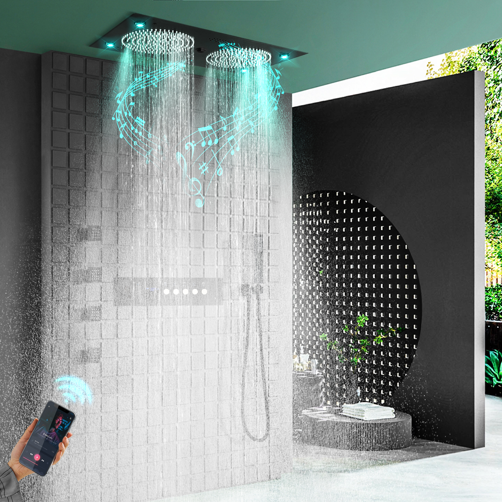 Conjunto de sistema de chuveiro preto mattic, 24,5x12,5 polegadas, banheiro, led, água da chuva, cabeça de chuveiro, latão e luxuoso, pulverizador de torneira de água quente