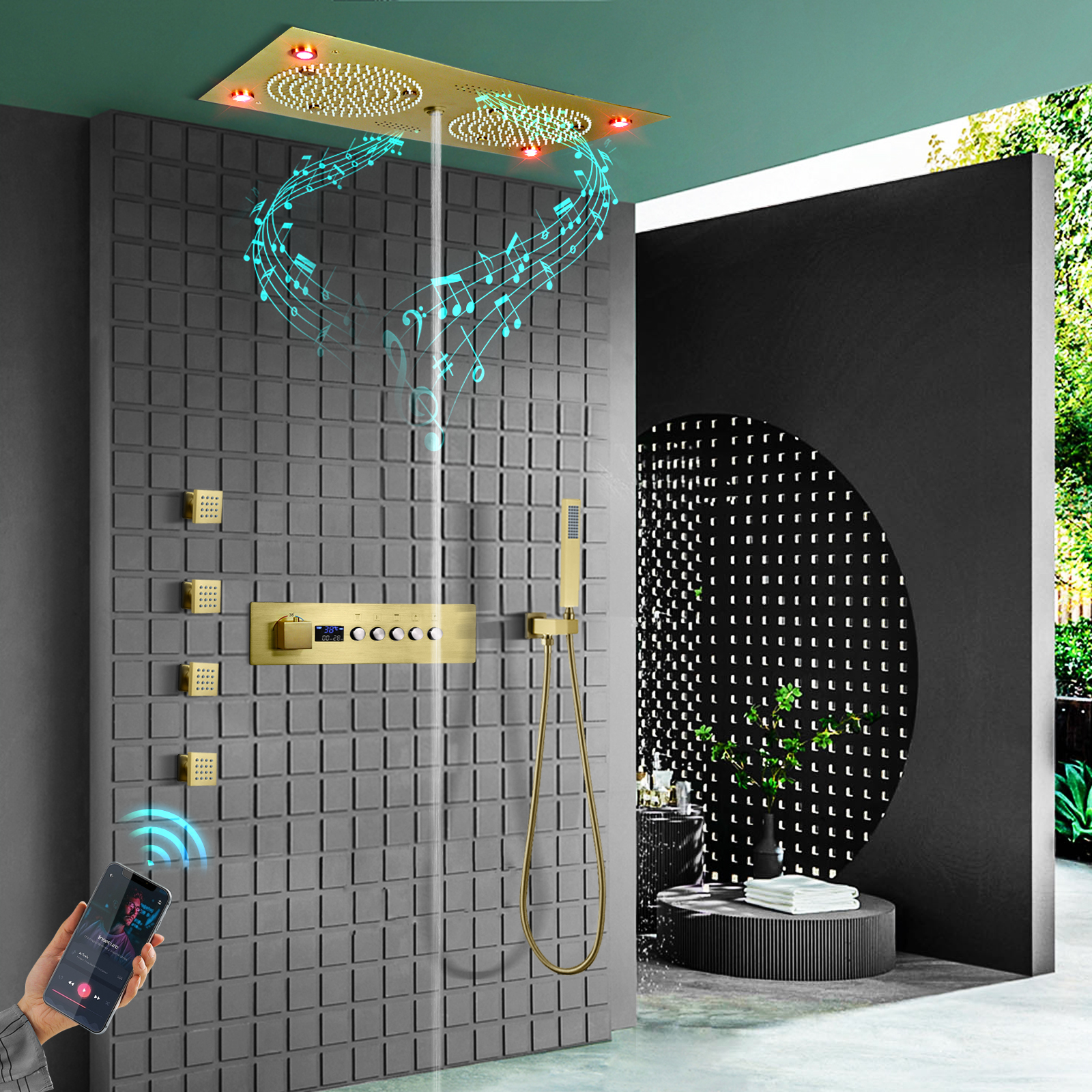 24.5x12.5 Polegada ouro escovado led música sistema de chuveiro conjunto banheiro chuveiro altura temperatura água dragão massagem cabeça injeção