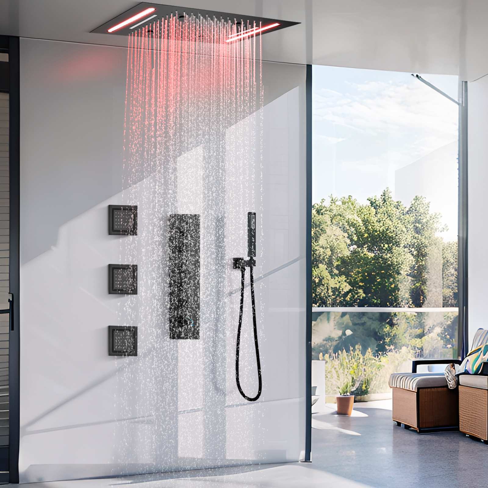 Conjunto de torneira multifuncional com sistema de chuveiro de temperatura constante de latão, conjunto de chuveiro de água de chuva oculto com bico portátil