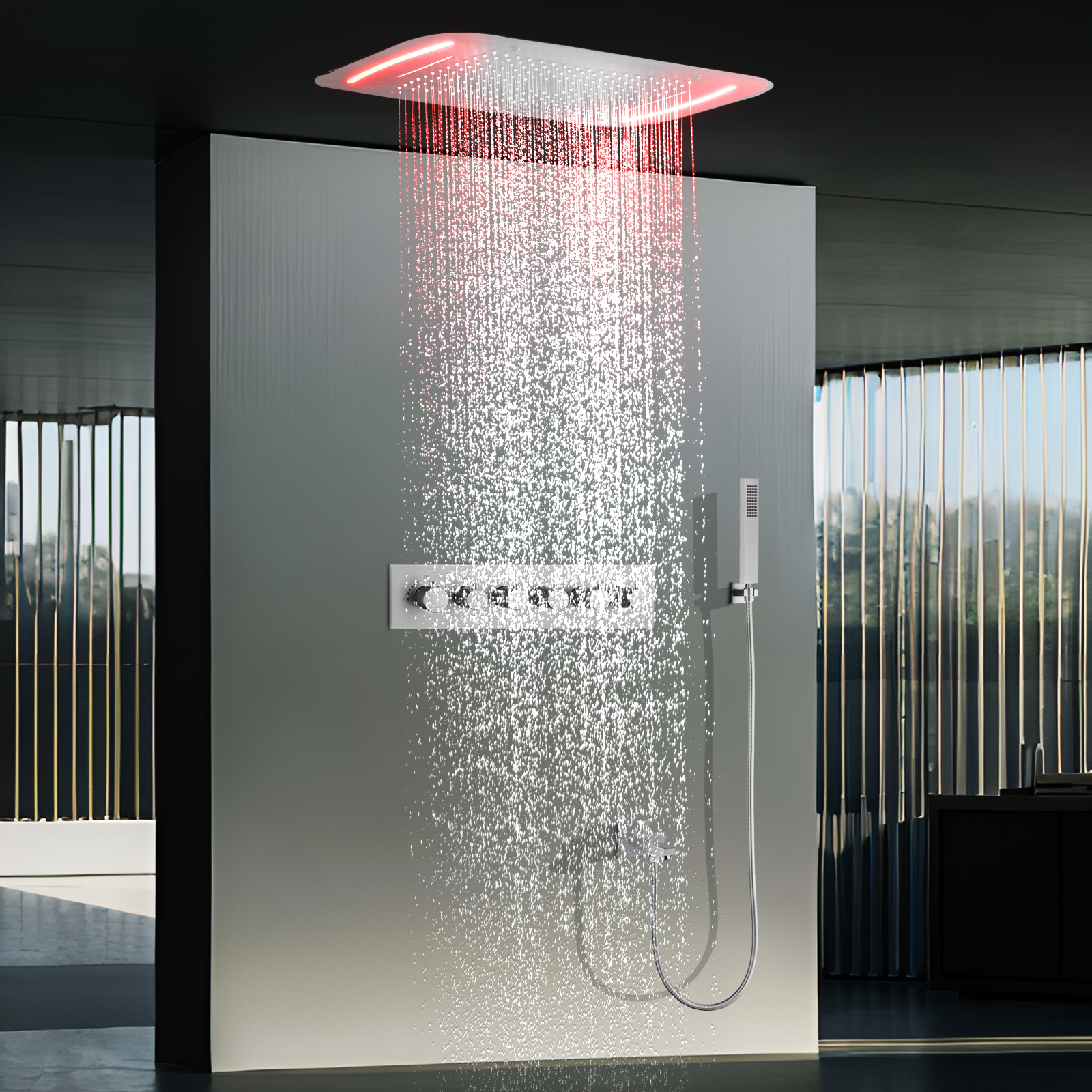 Níquel escovado 71x43cm LED Chuveiro de temperatura constante Cabeça de dragão Kit de sistema de chuveiro de pilar de chuva de teto