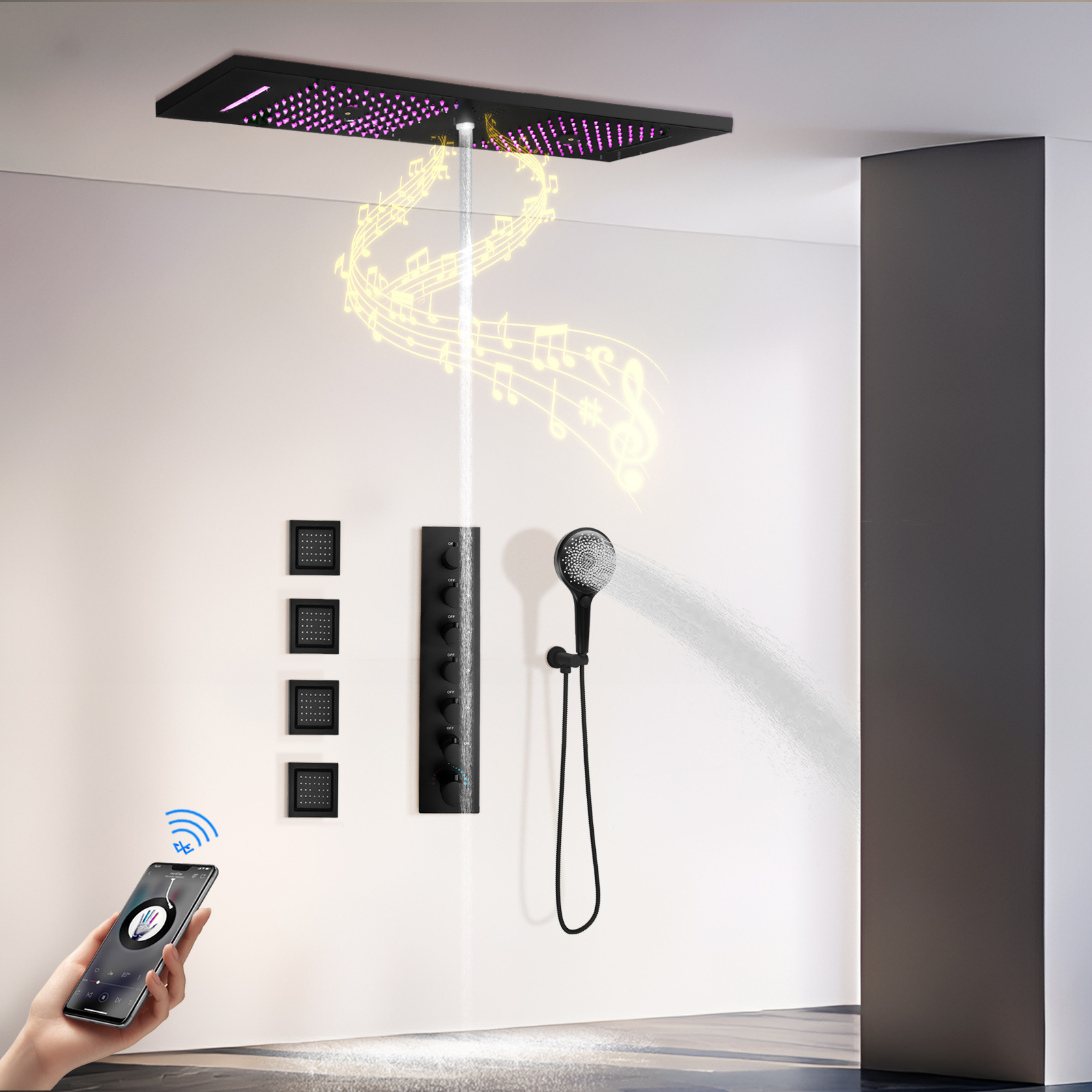 900 × 300mm Preto Fosco LED Chuveiro 6 Sistema de Chuveiro de Música Funcional Chuveiro de Chuva Torneira de Água Temperatura Constante