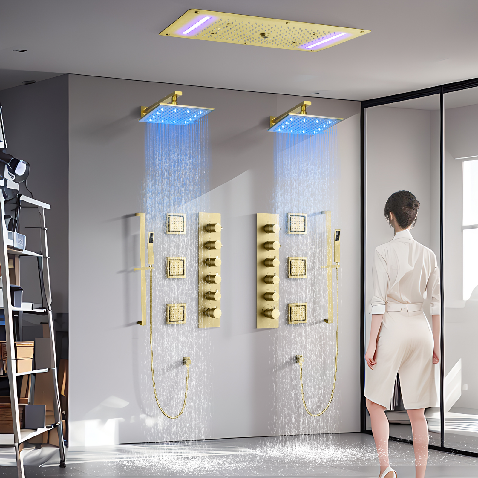 Ultra-grande fluxo LED moderno banheiro teto chuvas sistema de chuveiro cascata torneira de chuveiro de latão