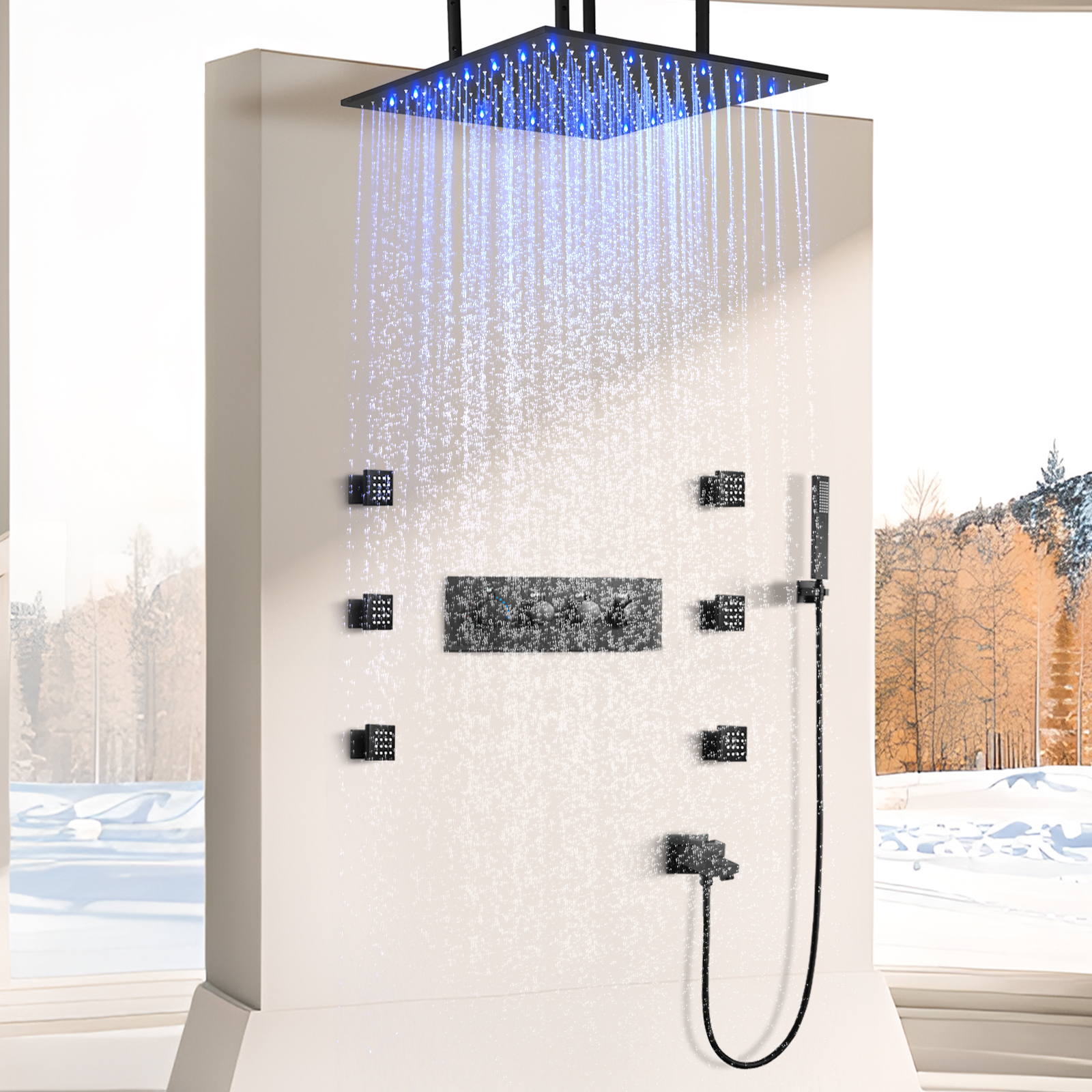 Sistema de chuveiro de chuva montado na parede, 50x50cm, com spray corporal, LED, dispositivo fixo, conjunto de descarga, torneira de água do chuveiro