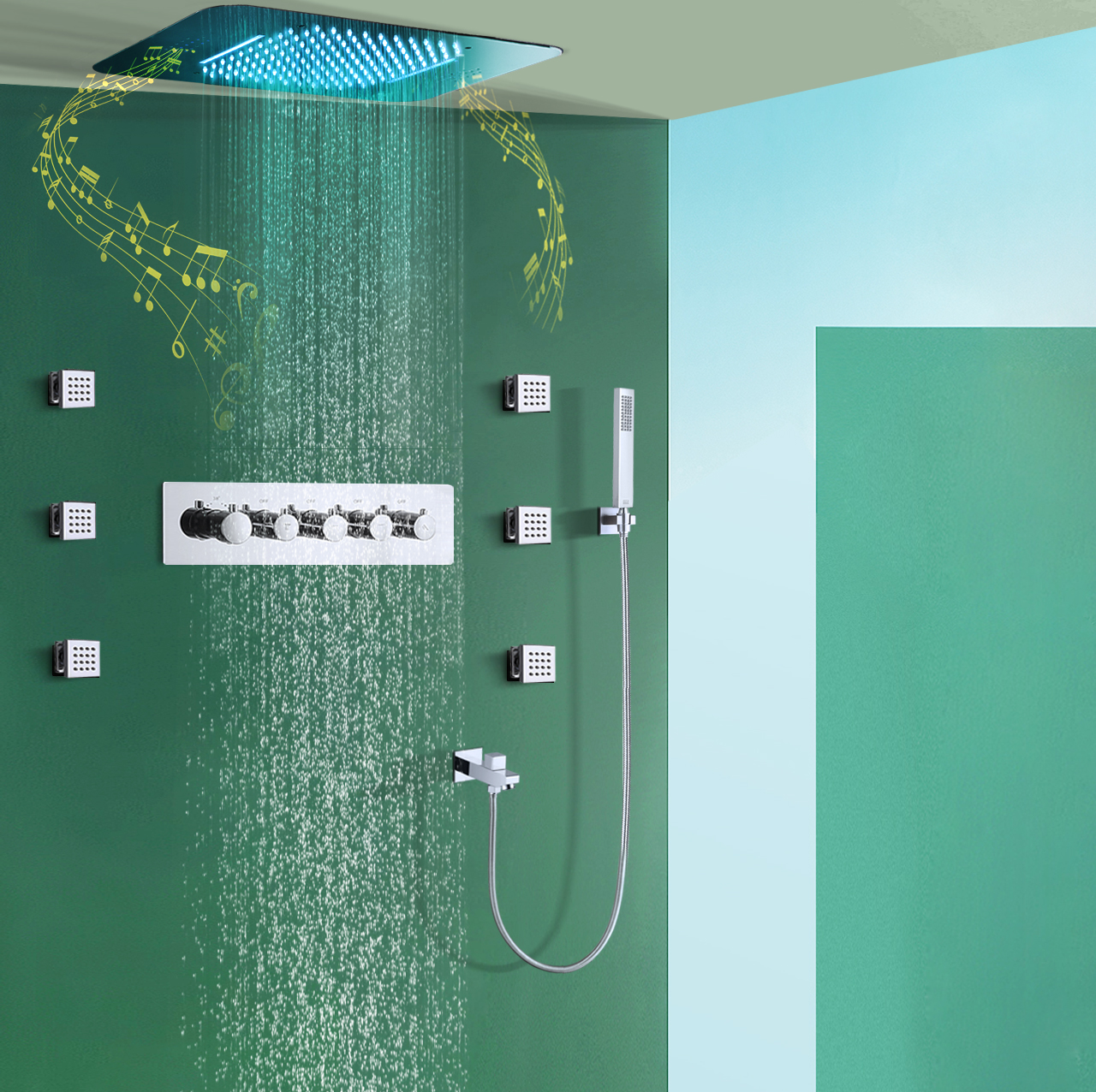 Sistema de chuveiro com cabeça de LED musical 23 * 15 polegadas Conjuntos de banho e chuveiro termostático de chuva e cachoeira para banheiro