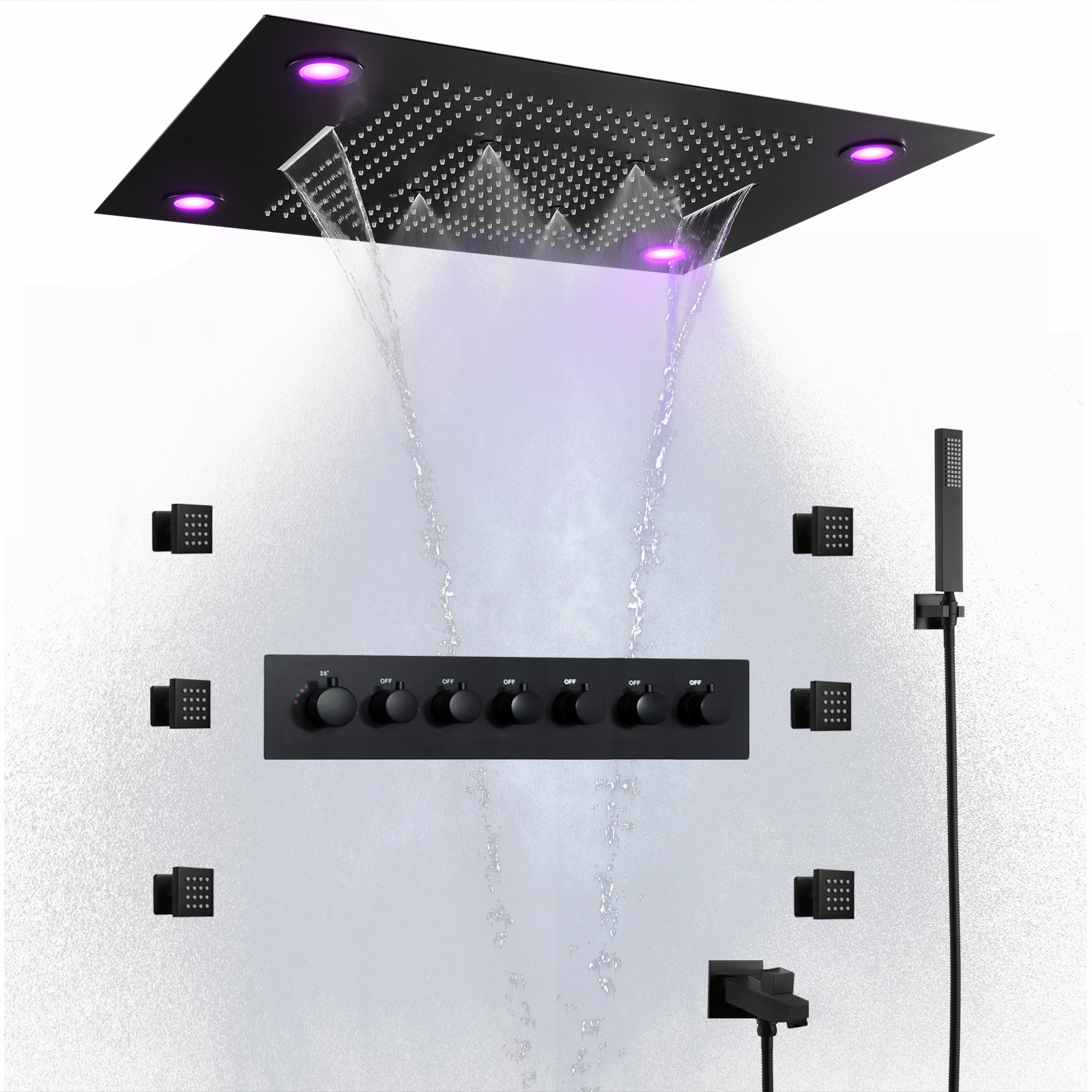 Cabeça de chuveiro preta 800*600MM LED Sistema de chuveiro multifuncional termostático para banheiro com jatos corporais de chuveiro