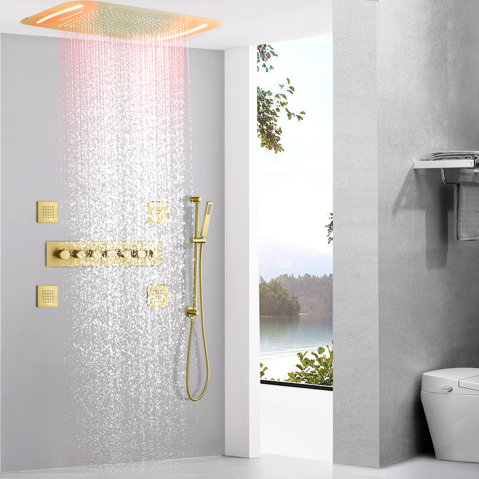 Luxo escovado ouro termostática misturador do chuveiro 710x430mm led banheiro cachoeira escondida cabeça de chuveiro massagem spa
