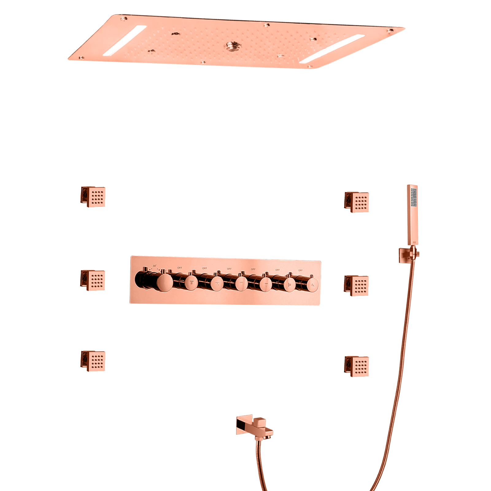Conjunto de torneira de chuveiro em ouro rosado 70X38 CM LED Temperatura do banheiro Chuvas Cachoeira Bolha de atomização com portátil