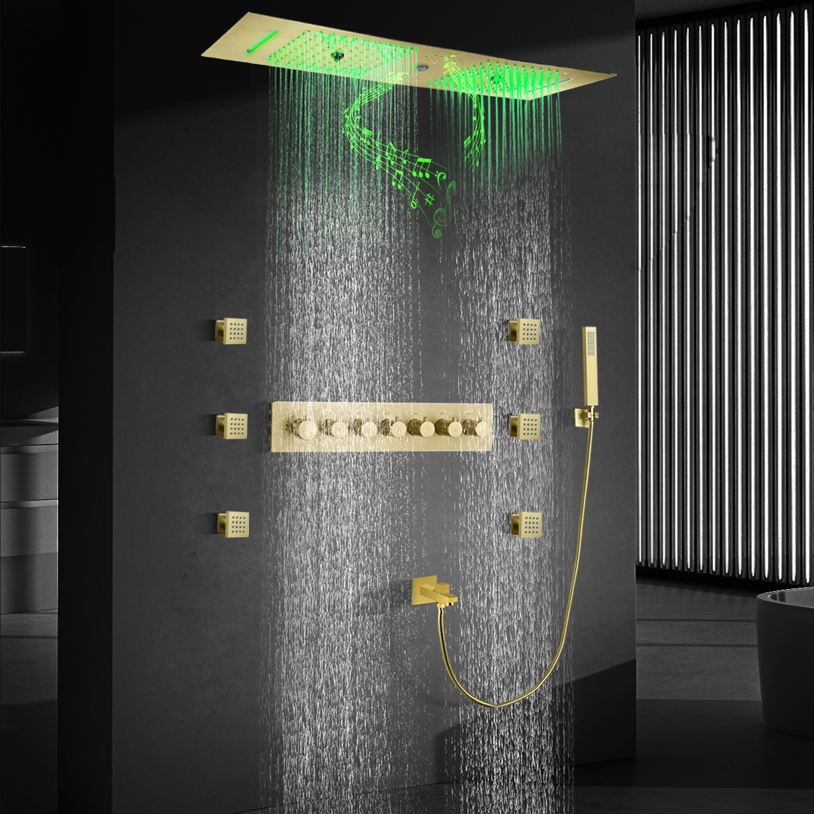 Cabeça de chuveiro led dourada escovada, com alto-falante musical, chuveiro duplo, teto embutido, banheiro, conjunto de torneira termostática