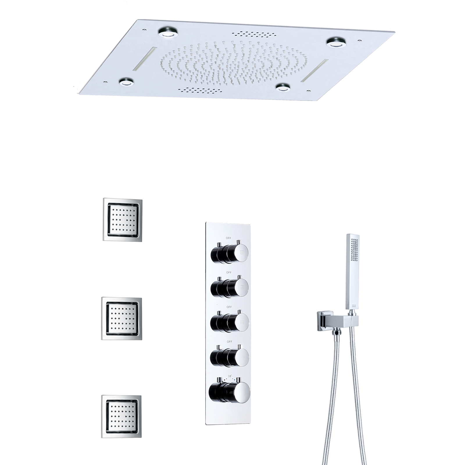 Conjunto de chuveiro cromado com sistema de torneira e termostato de música LED Conjunto de chuveiro de parede de latão