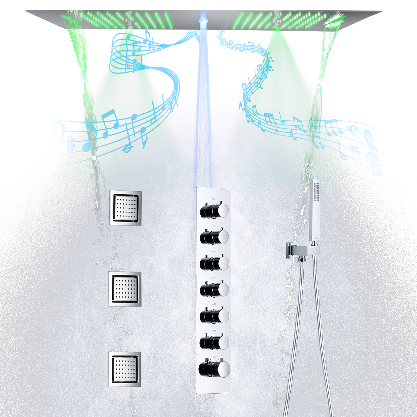 Cabeça de chuveiro polida cromada com led, bico de torneira de chuva, conjunto de torneira termostática para banheiro embutido no teto